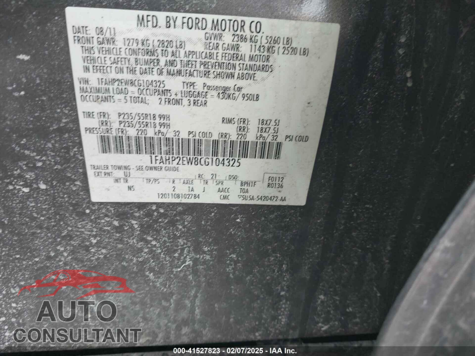 FORD TAURUS 2012 - 1FAHP2EW8CG104325