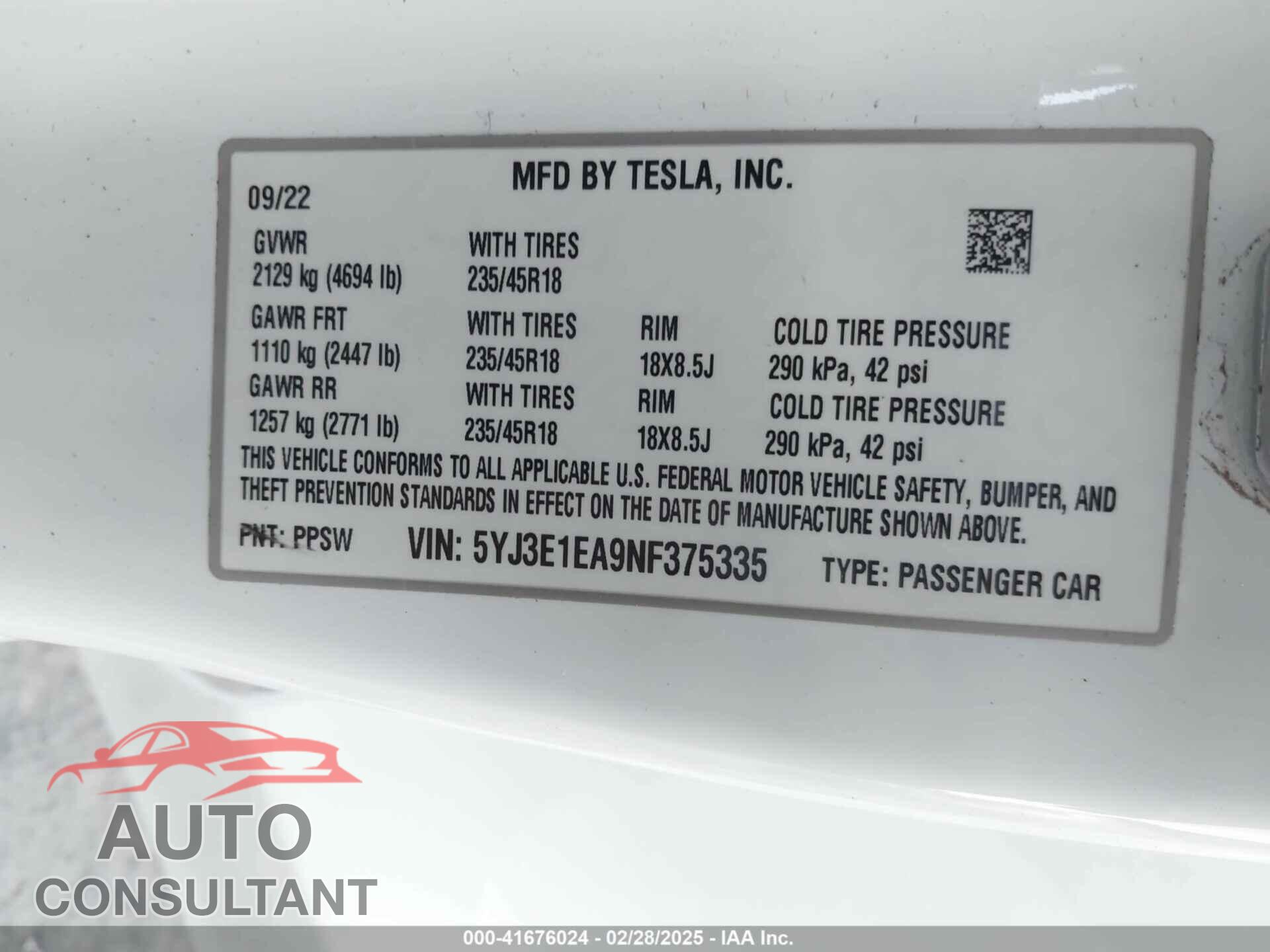 TESLA MODEL 3 2022 - 5YJ3E1EA9NF375335