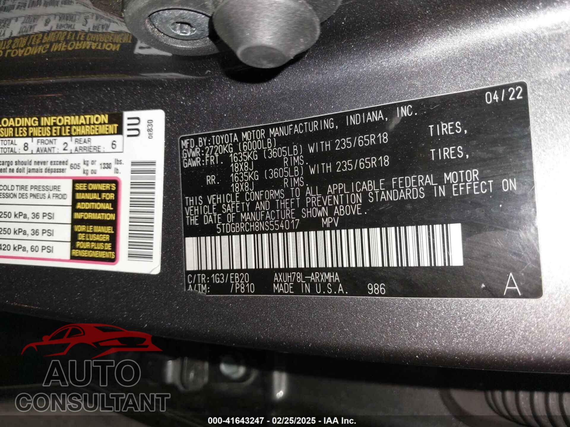 TOYOTA HIGHLANDER 2022 - 5TDGBRCH8NS554017