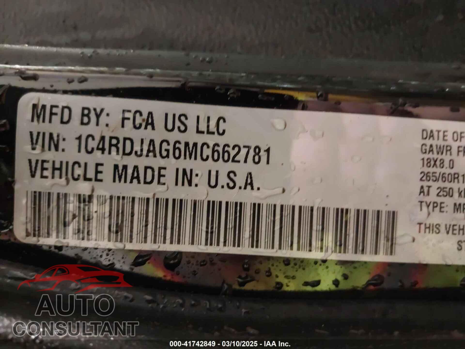 DODGE DURANGO 2021 - 1C4RDJAG6MC662781