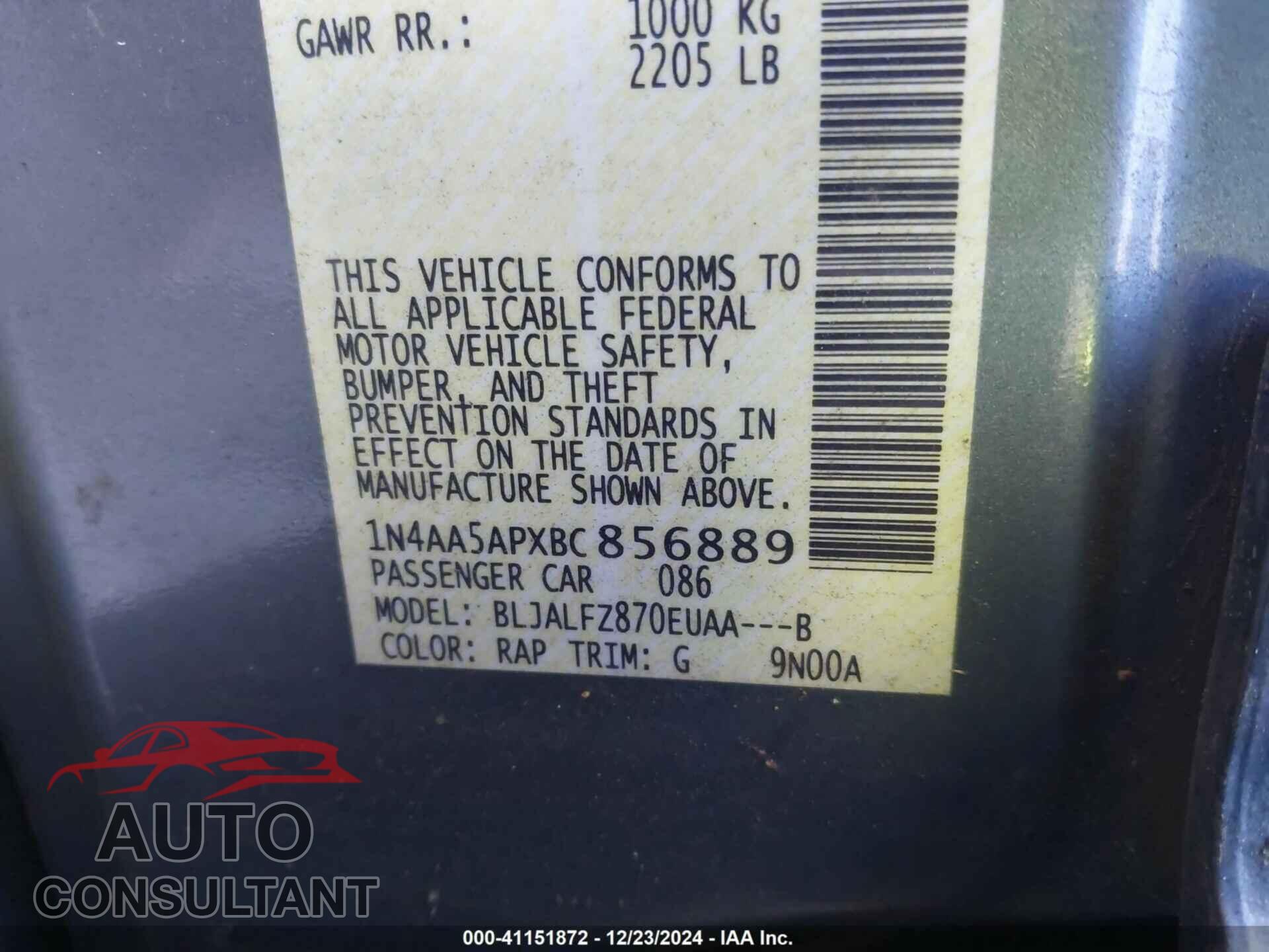 NISSAN MAXIMA 2011 - 1N4AA5APXBC856889