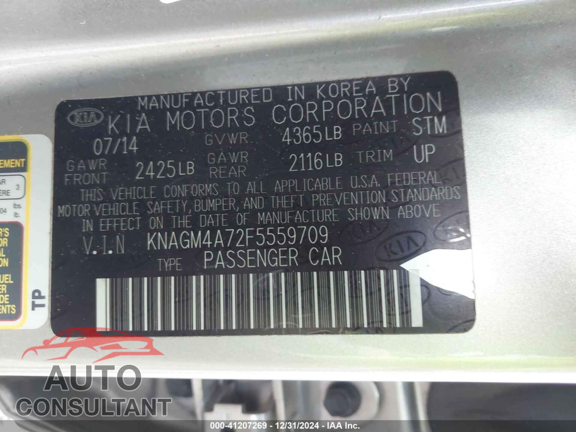KIA OPTIMA 2015 - KNAGM4A72F5559709