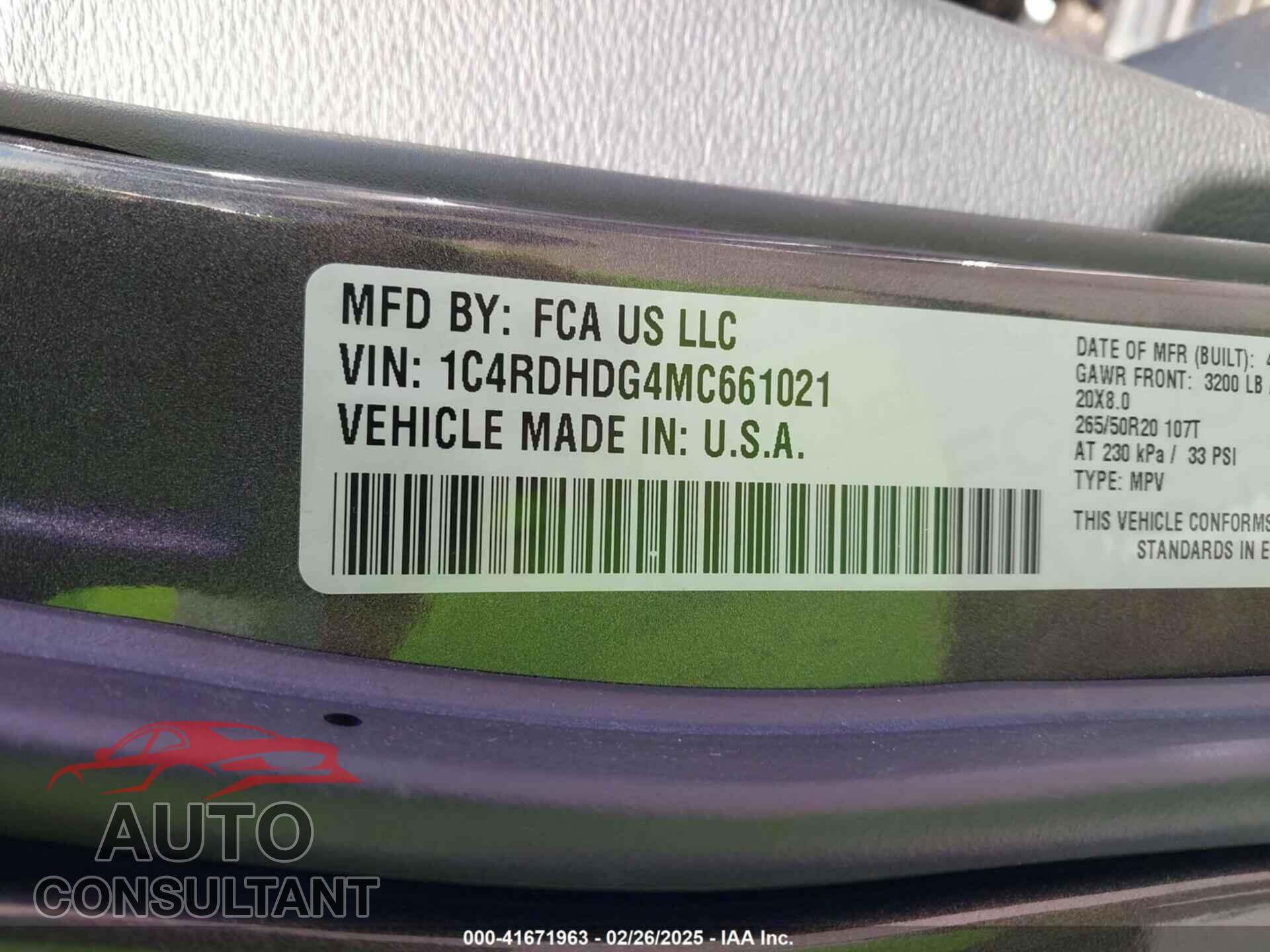 DODGE DURANGO 2021 - 1C4RDHDG4MC661021