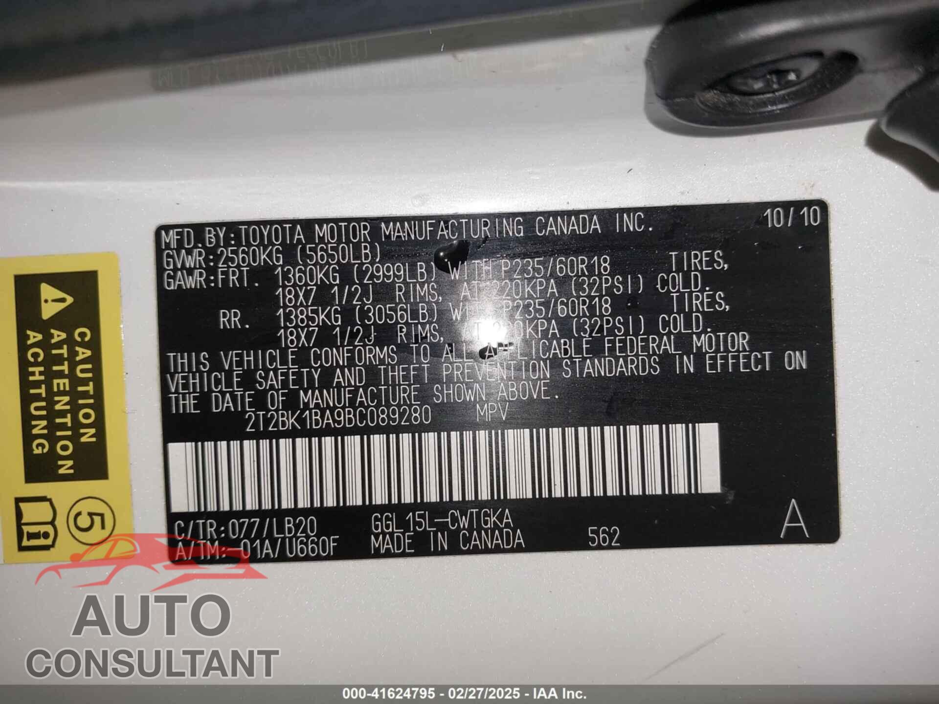 LEXUS RX 350 2011 - 2T2BK1BA9BC089280