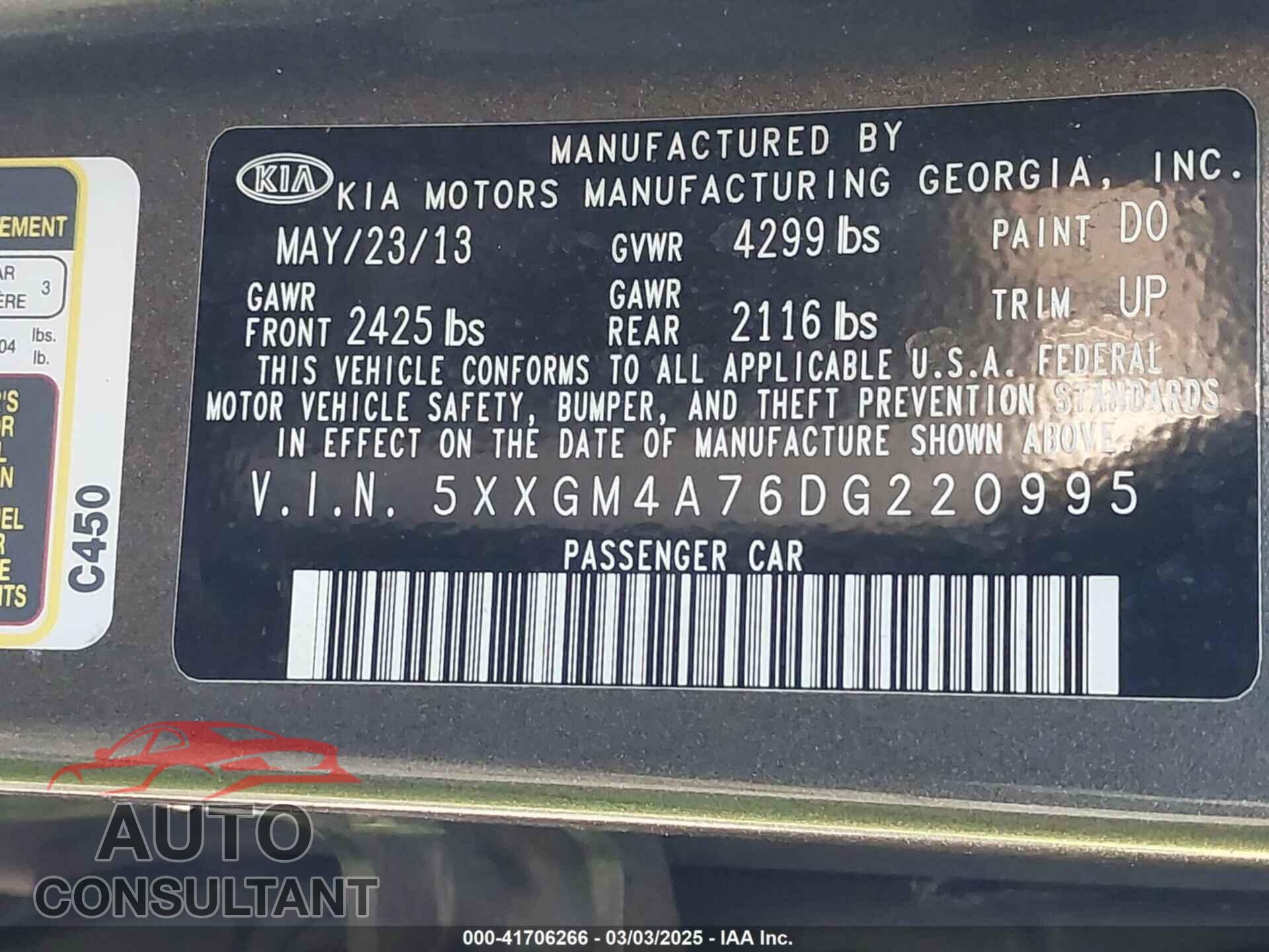 KIA OPTIMA 2013 - 5XXGM4A76DG220995