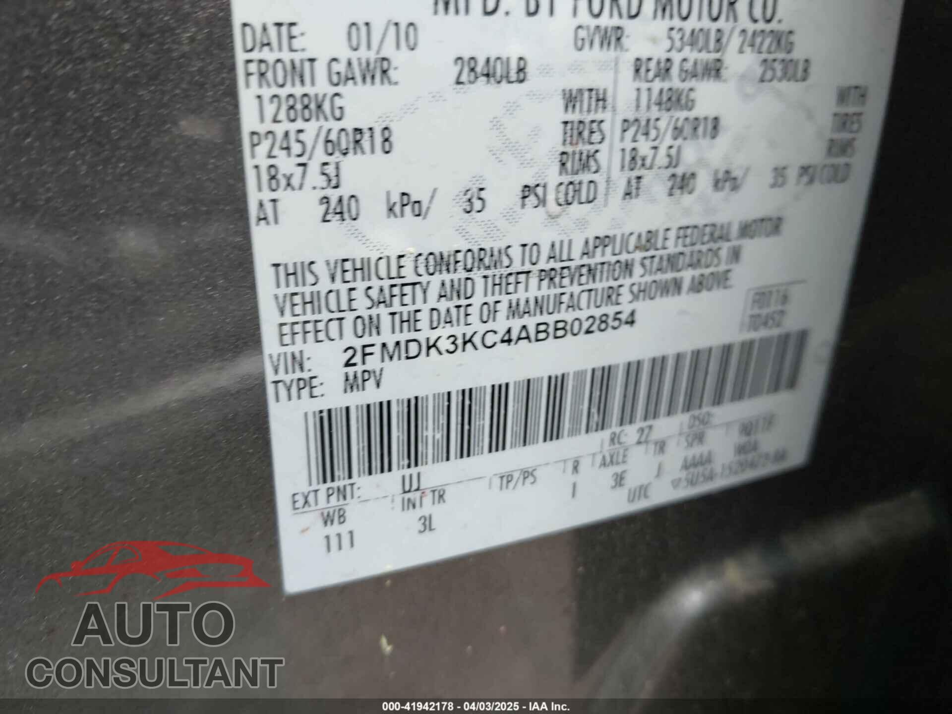 FORD EDGE 2010 - 2FMDK3KC4ABB02854