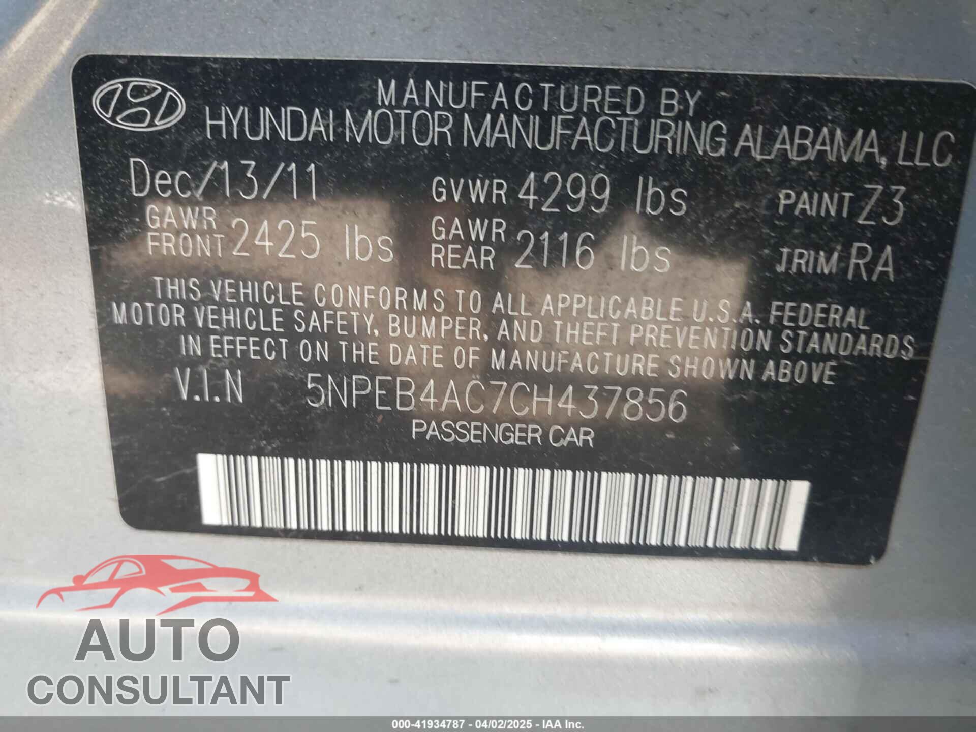 HYUNDAI SONATA 2012 - 5NPEB4AC7CH437856