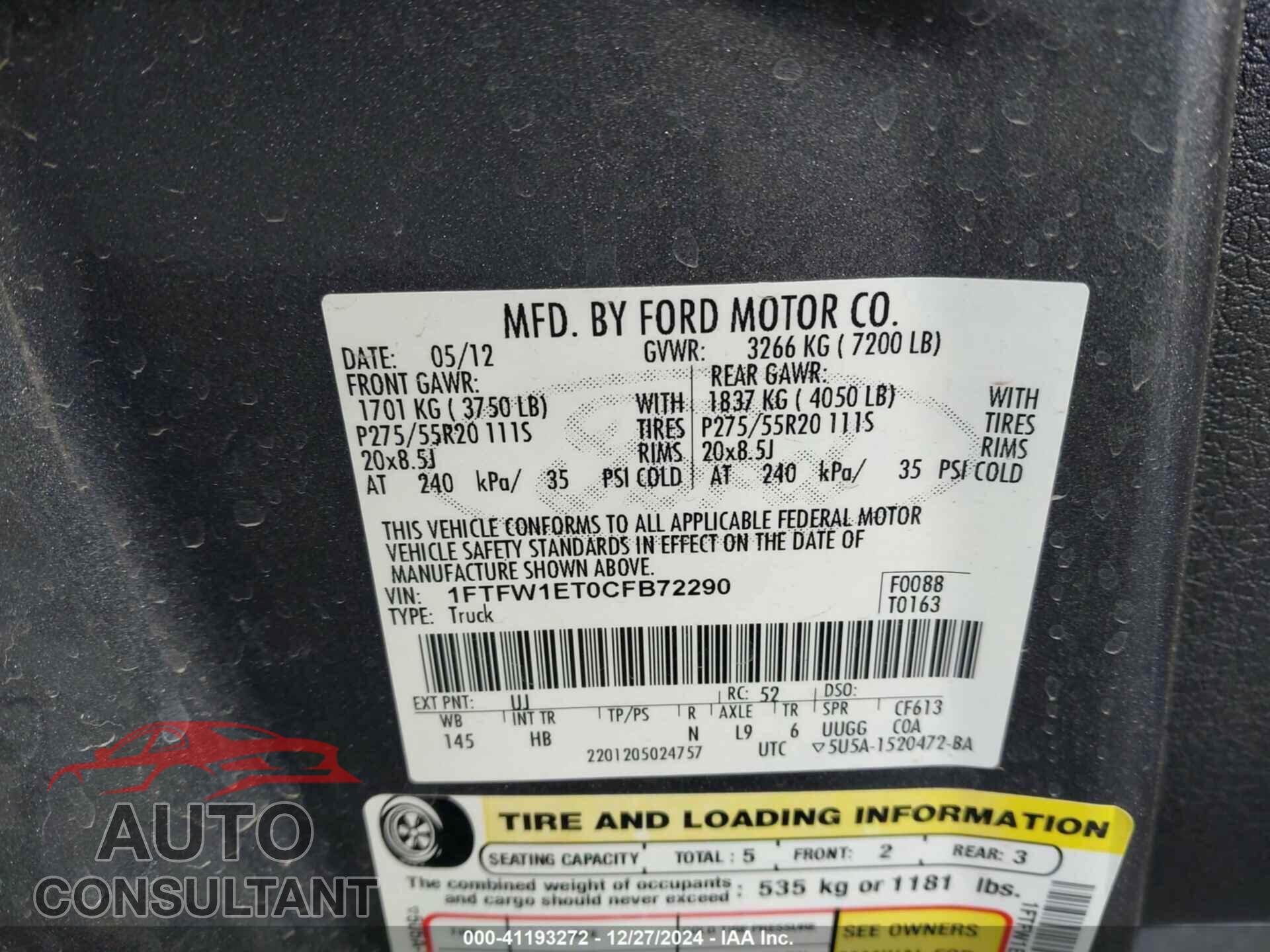 FORD F-150 2012 - 1FTFW1ET0CFB72290