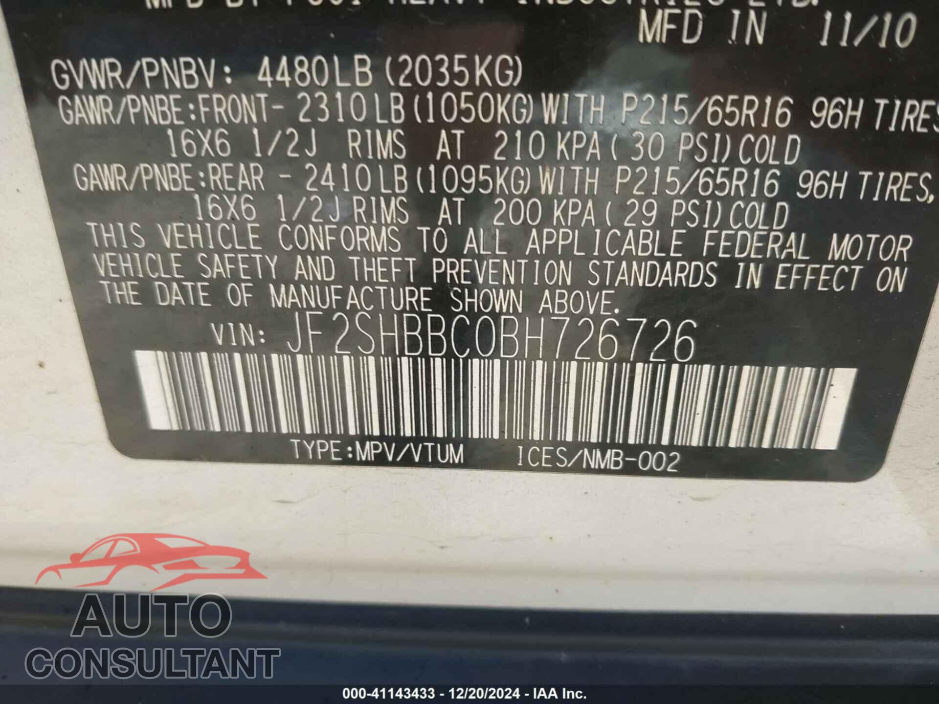 SUBARU FORESTER 2011 - JF2SHBBC0BH726726