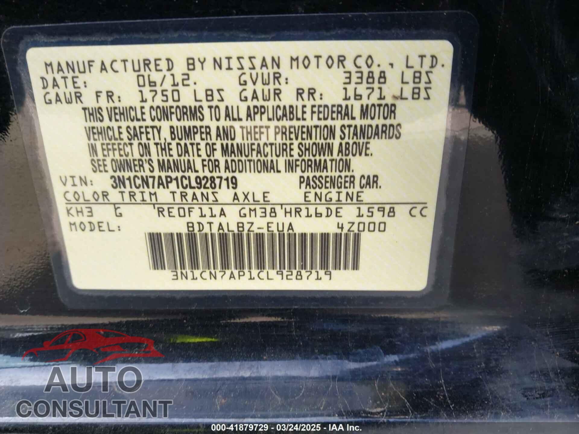 NISSAN VERSA 2012 - 3N1CN7AP1CL928719