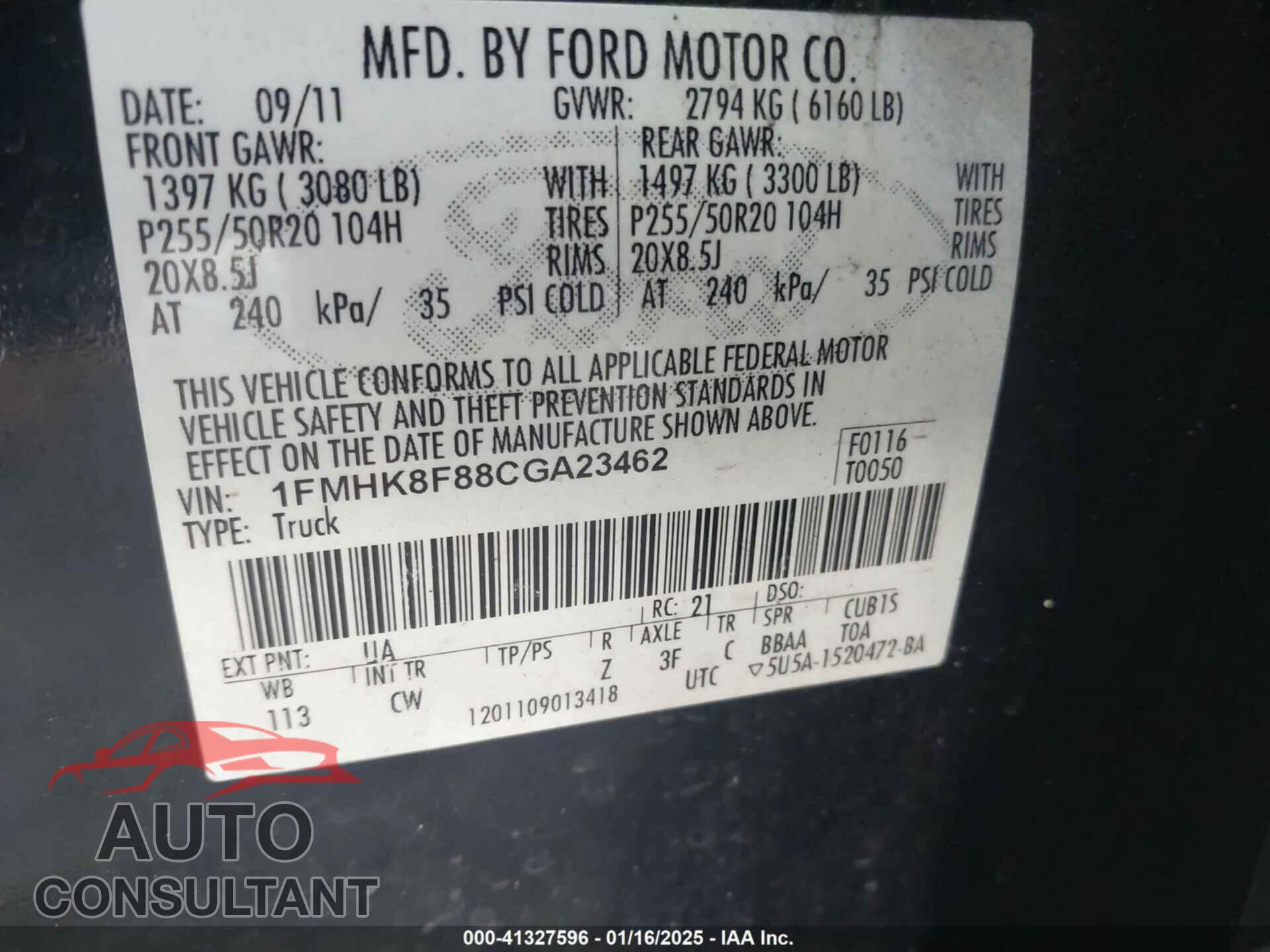 FORD EXPLORER 2012 - 1FMHK8F88CGA23462