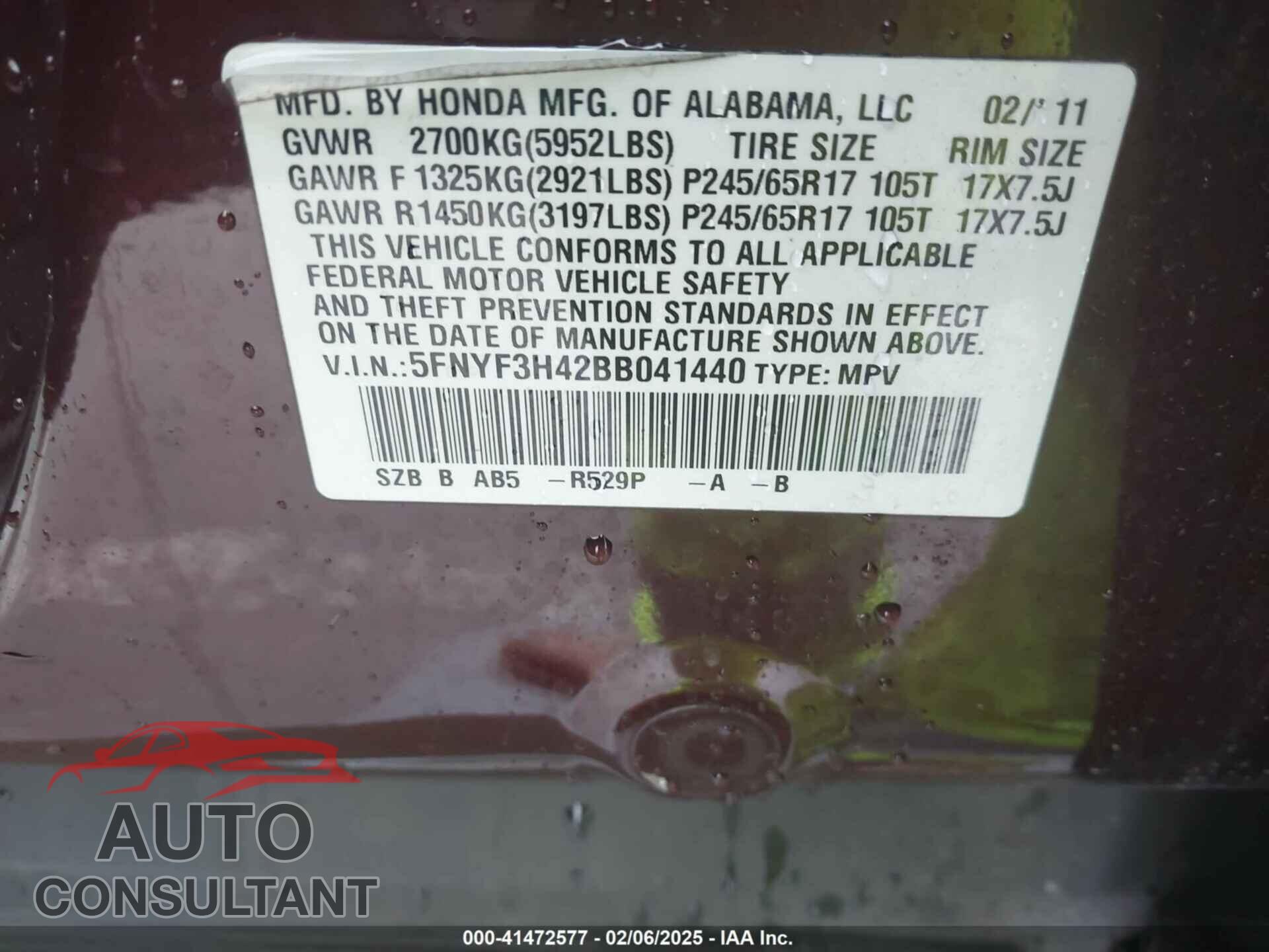 HONDA PILOT 2011 - 5FNYF3H42BB041440