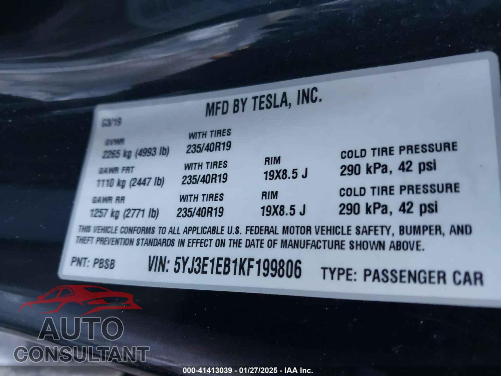 TESLA MODEL 3 2019 - 5YJ3E1EB1KF199806