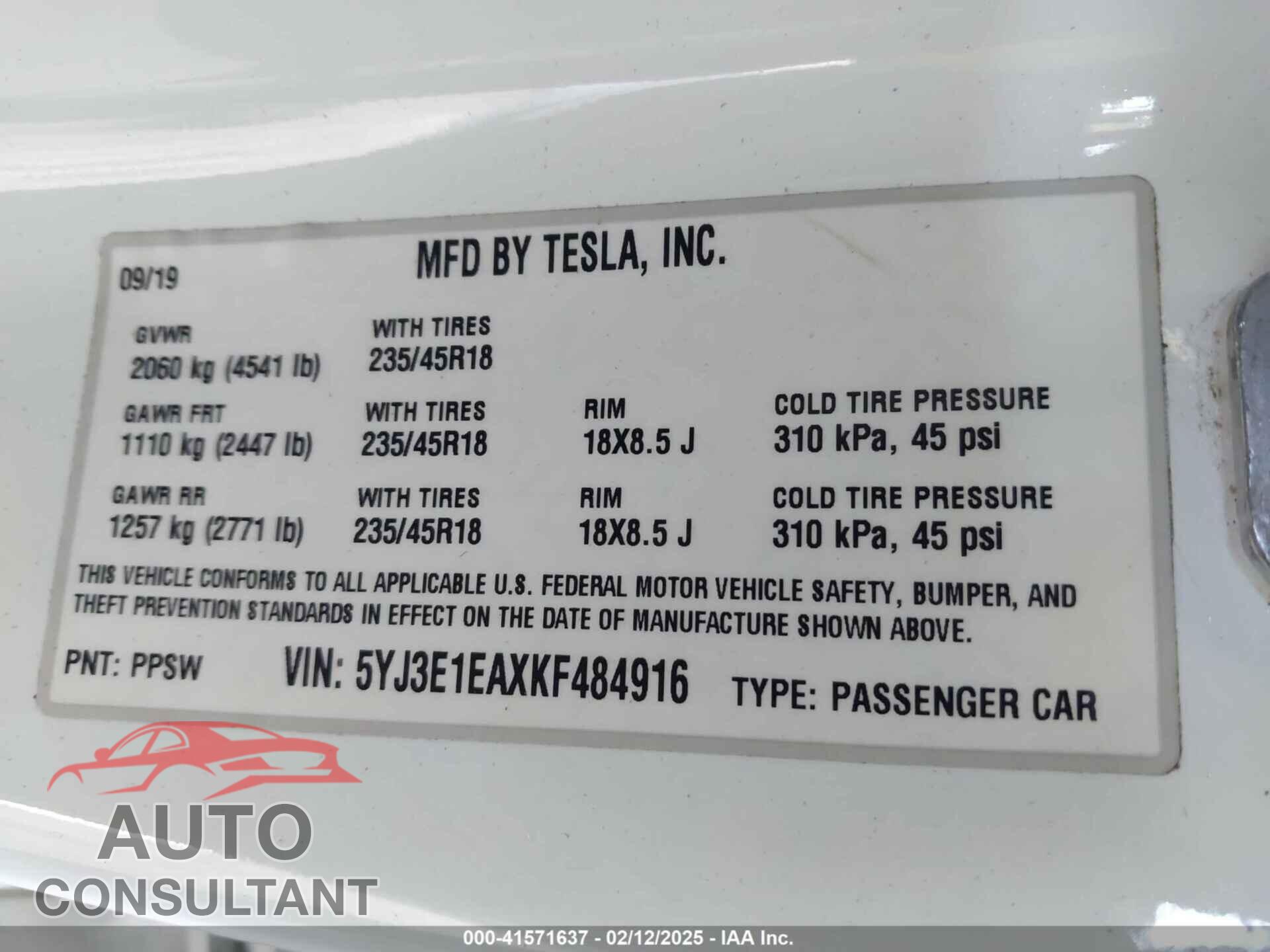 TESLA MODEL 3 2019 - 5YJ3E1EAXKF484916
