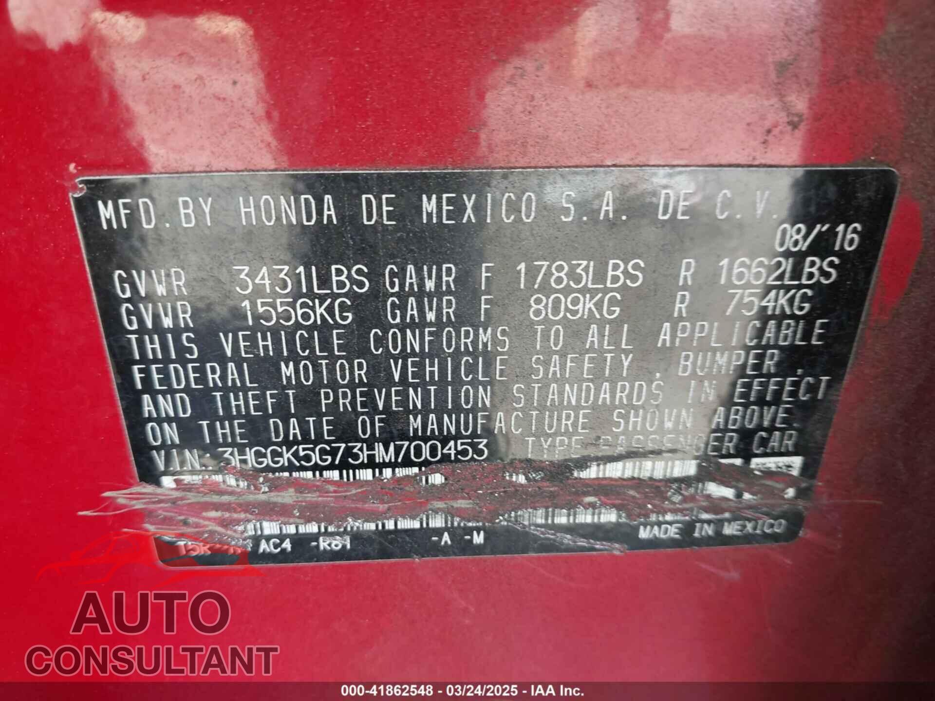 HONDA FIT 2017 - 3HGGK5G73HM700453