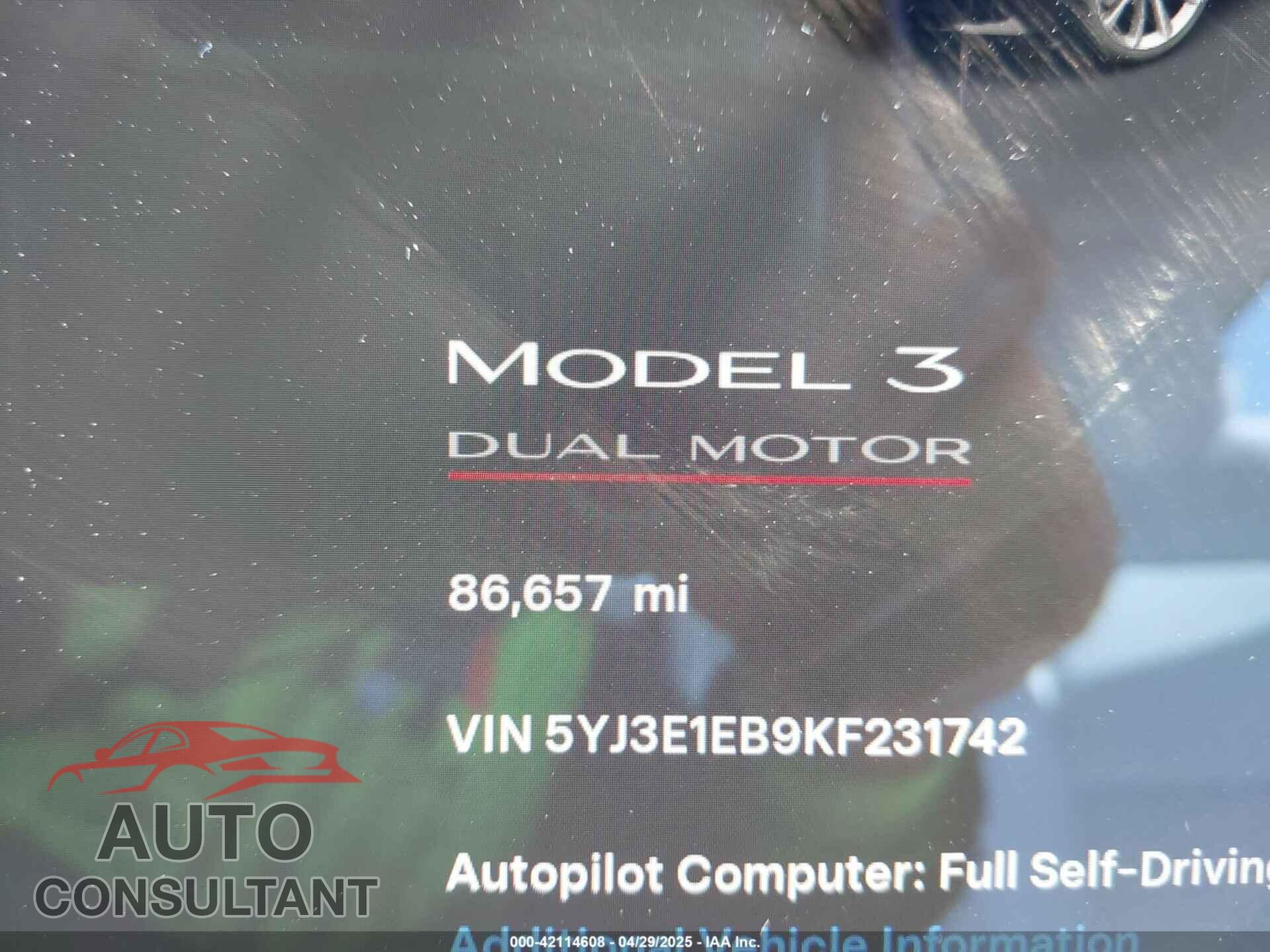 TESLA MODEL 3 2019 - 5YJ3E1EB9KF231742
