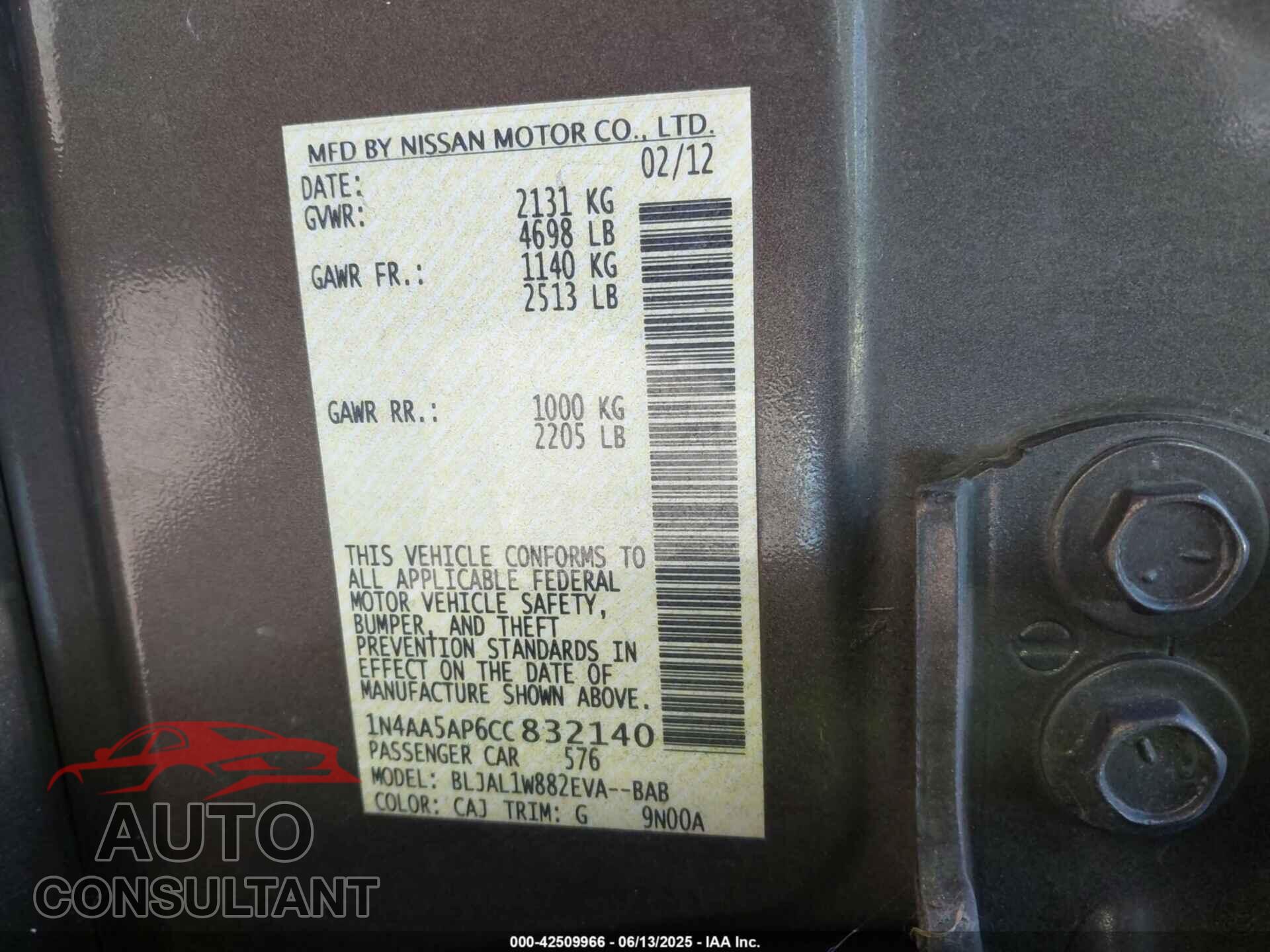NISSAN MAXIMA 2012 - 1N4AA5AP6CC832140