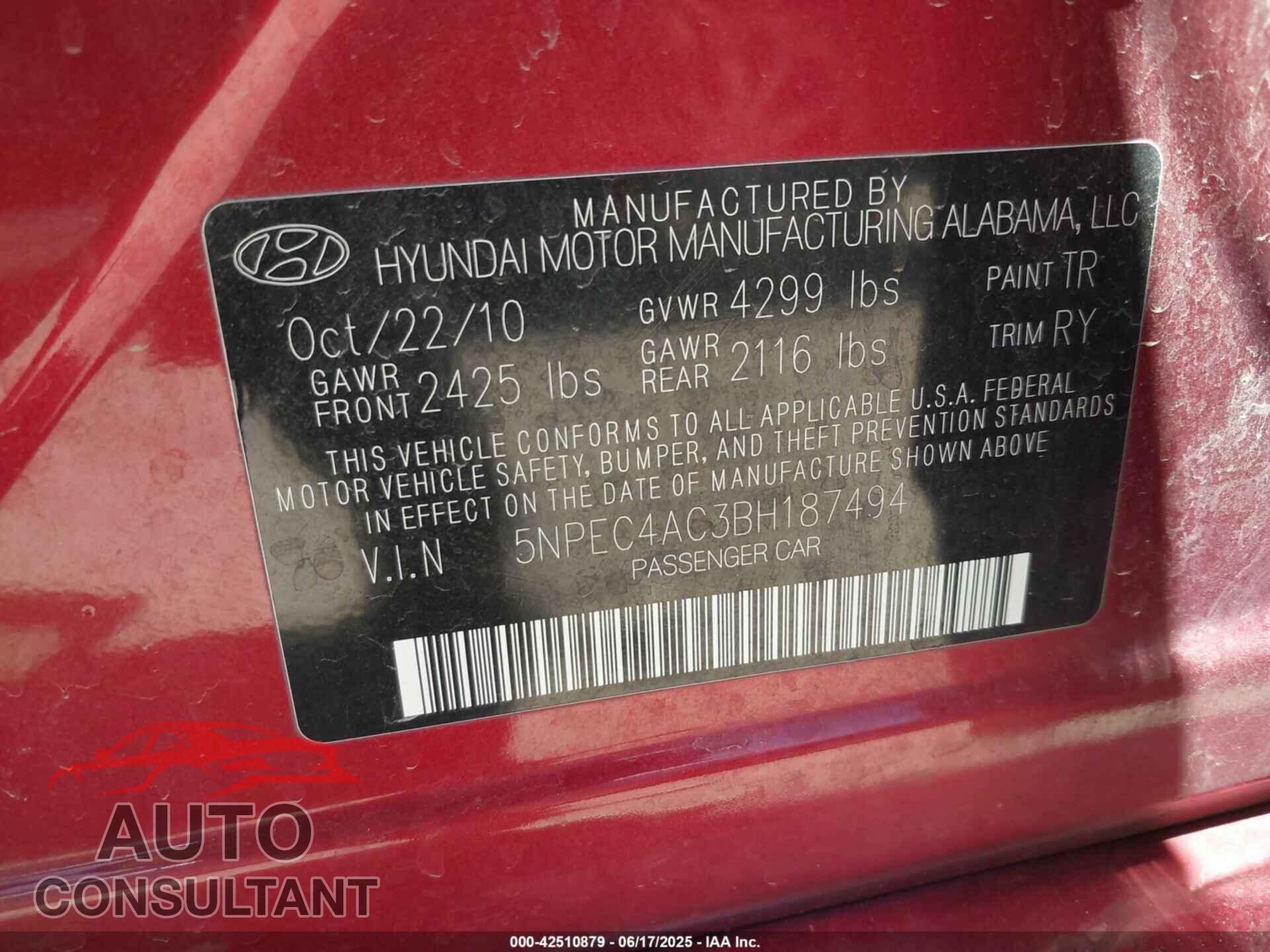 HYUNDAI SONATA 2011 - 5NPEC4AC3BH187494