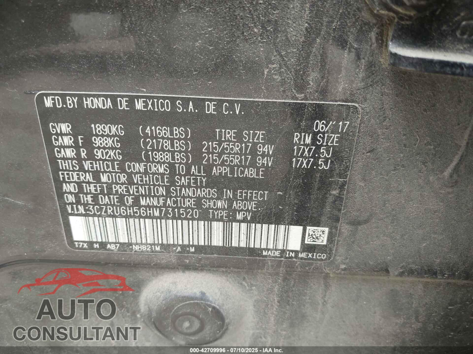 HONDA HR-V 2017 - 3CZRU6H56HM731520