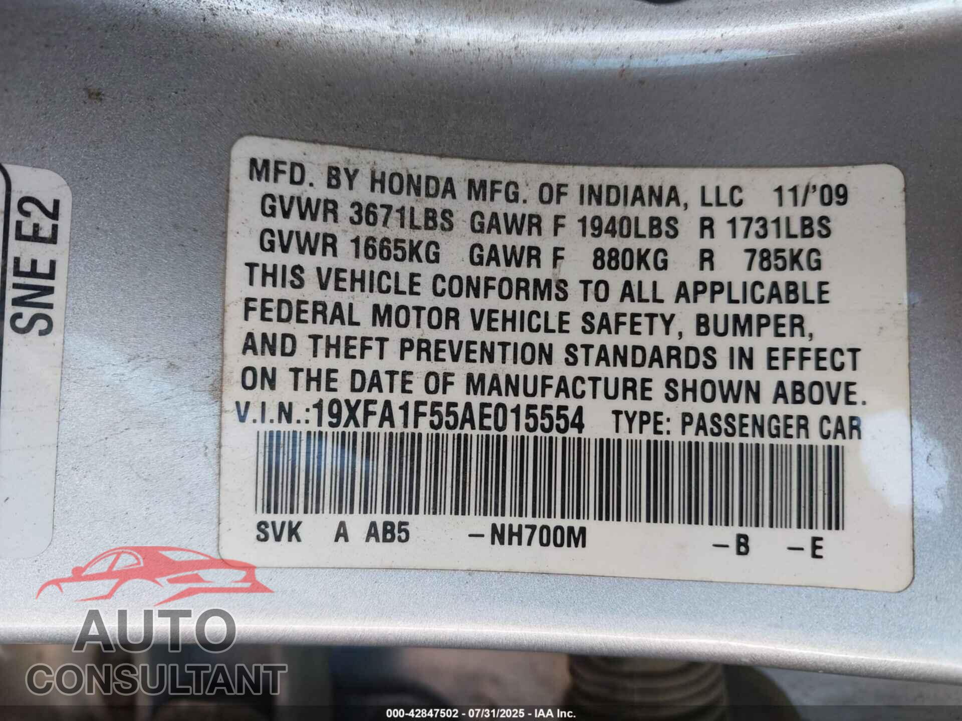 HONDA CIVIC 2010 - 19XFA1F55AE015554
