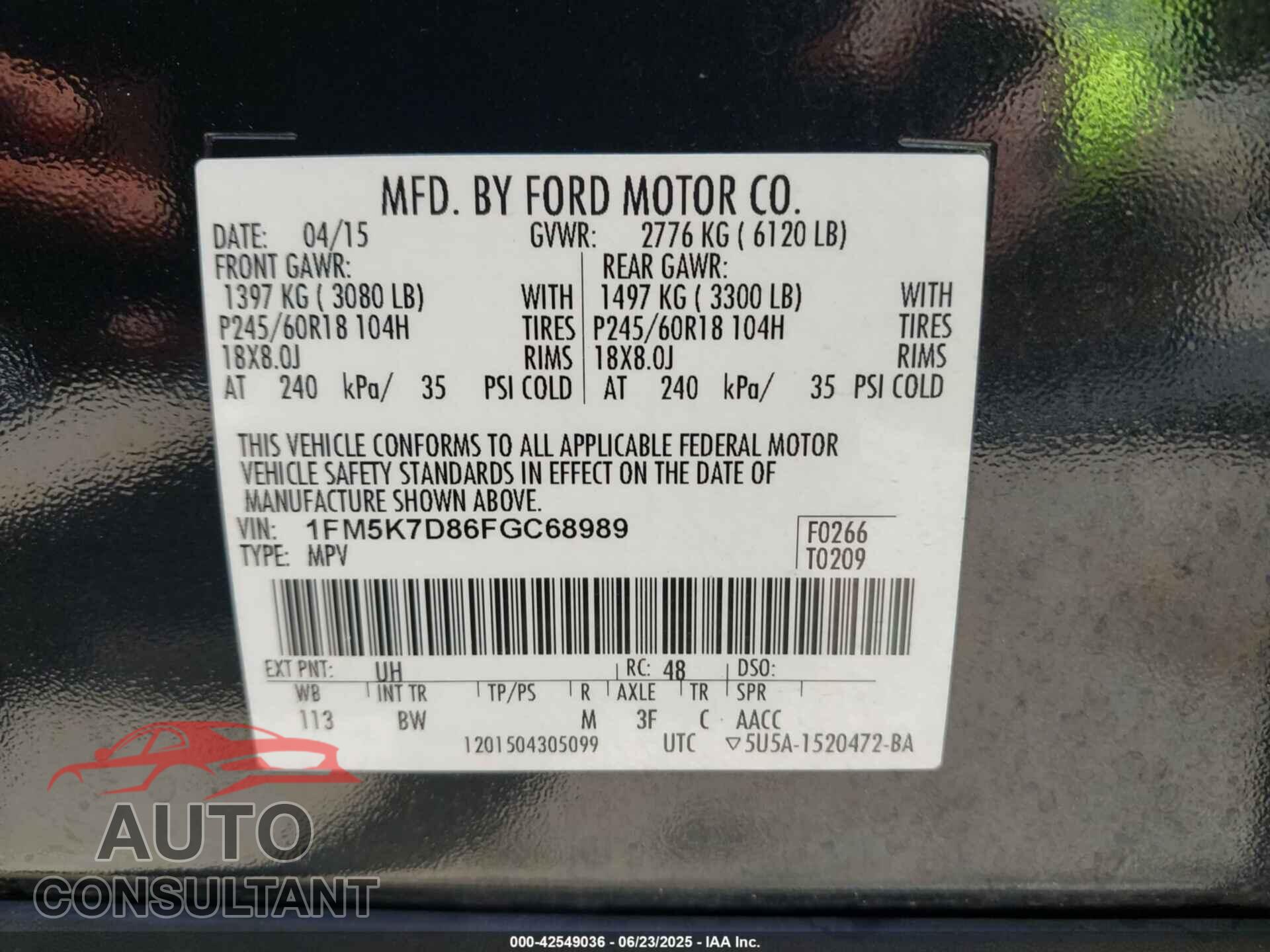 FORD EXPLORER 2015 - 1FM5K7D86FGC68989
