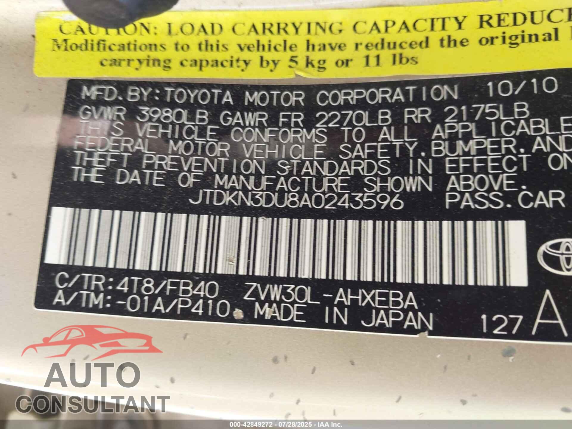 TOYOTA PRIUS 2010 - JTDKN3DU8A0243596