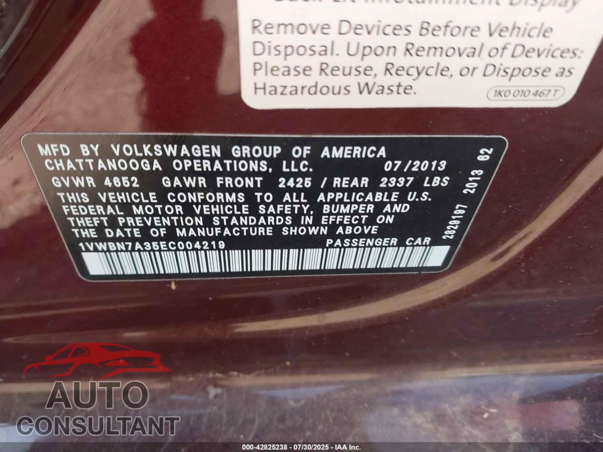 VOLKSWAGEN PASSAT 2014 - 1VWBN7A35EC004219