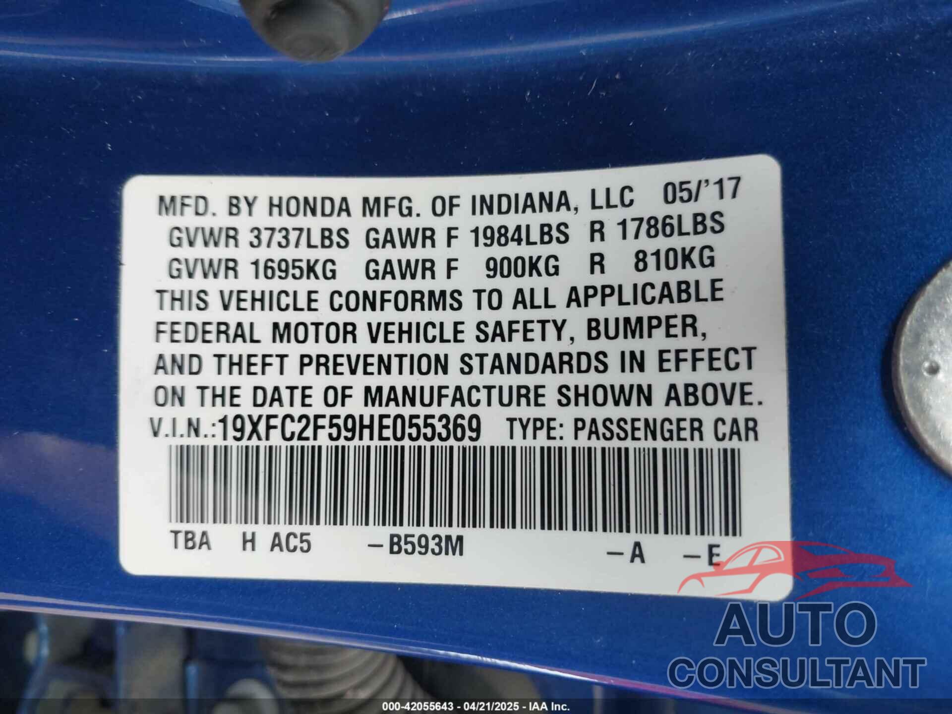 HONDA CIVIC 2017 - 19XFC2F59HE055369