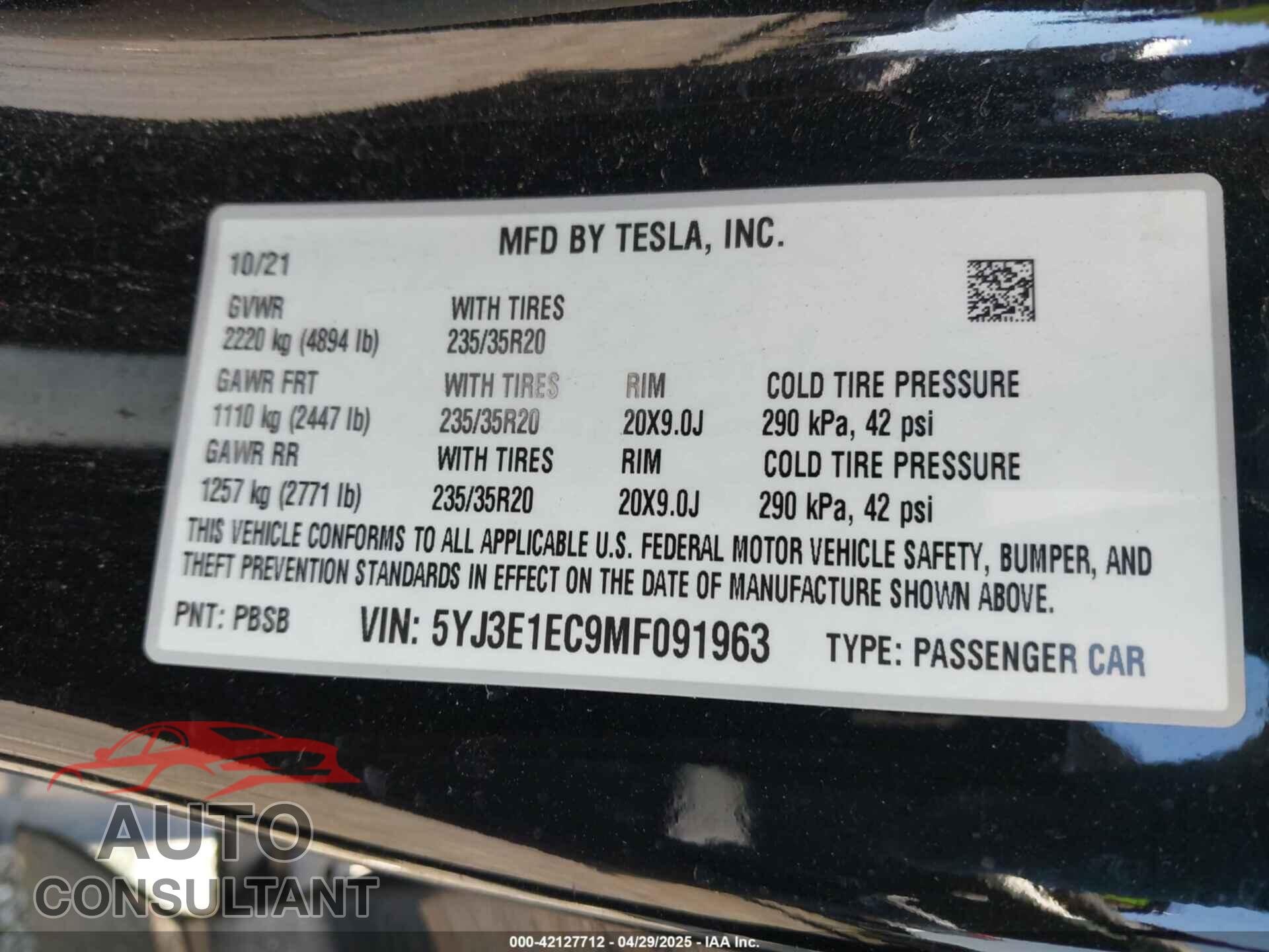 TESLA MODEL 3 2021 - 5YJ3E1EC9MF091963