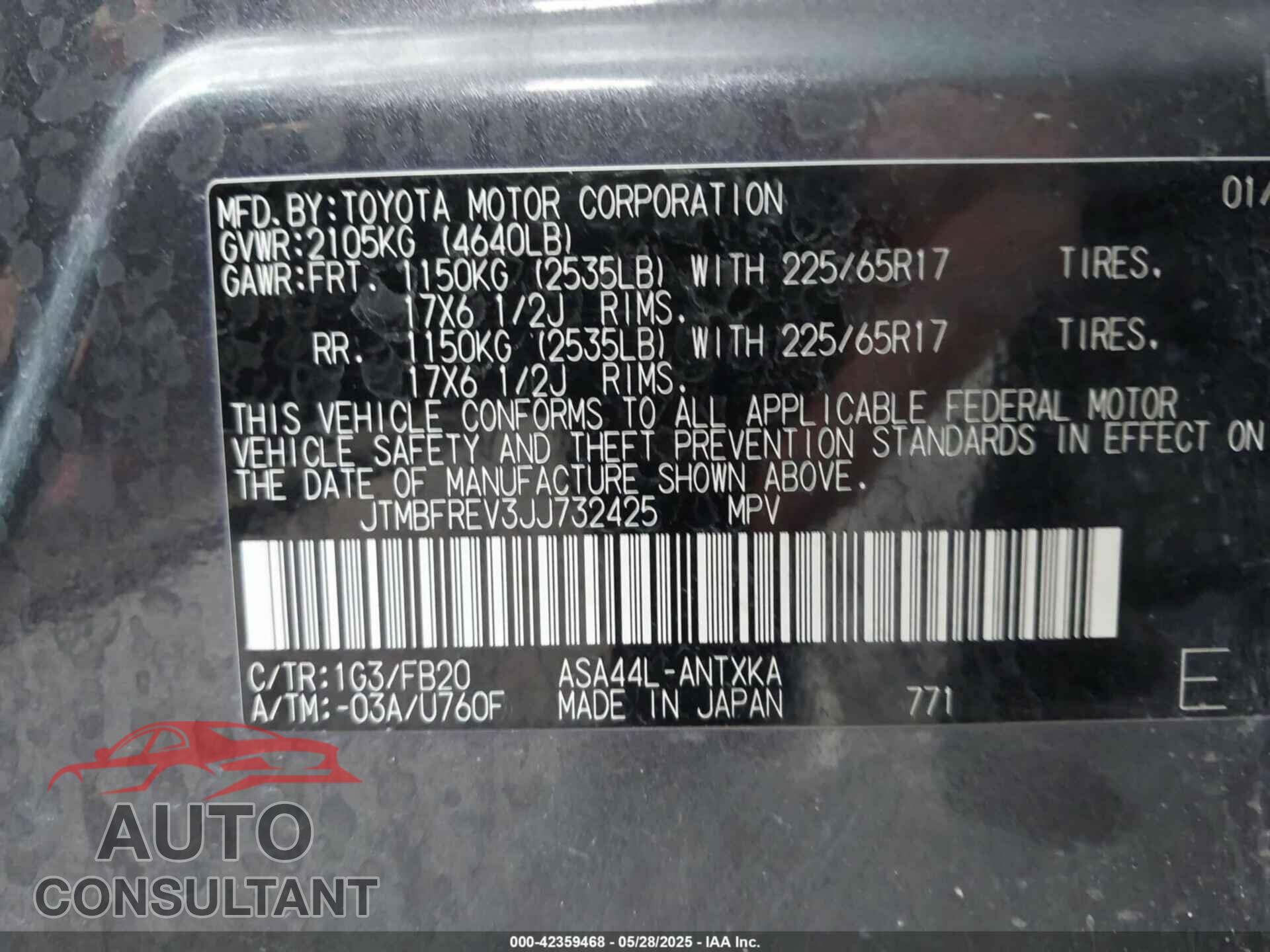 TOYOTA RAV4 2018 - JTMBFREV3JJ732425