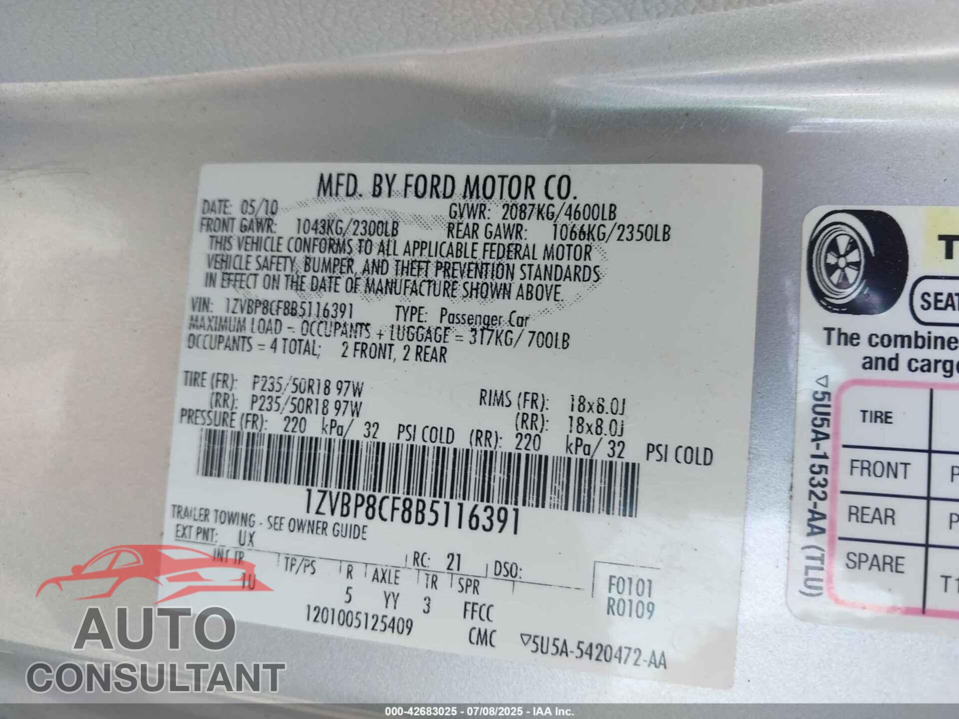 FORD MUSTANG 2011 - 1ZVBP8CF8B5116391