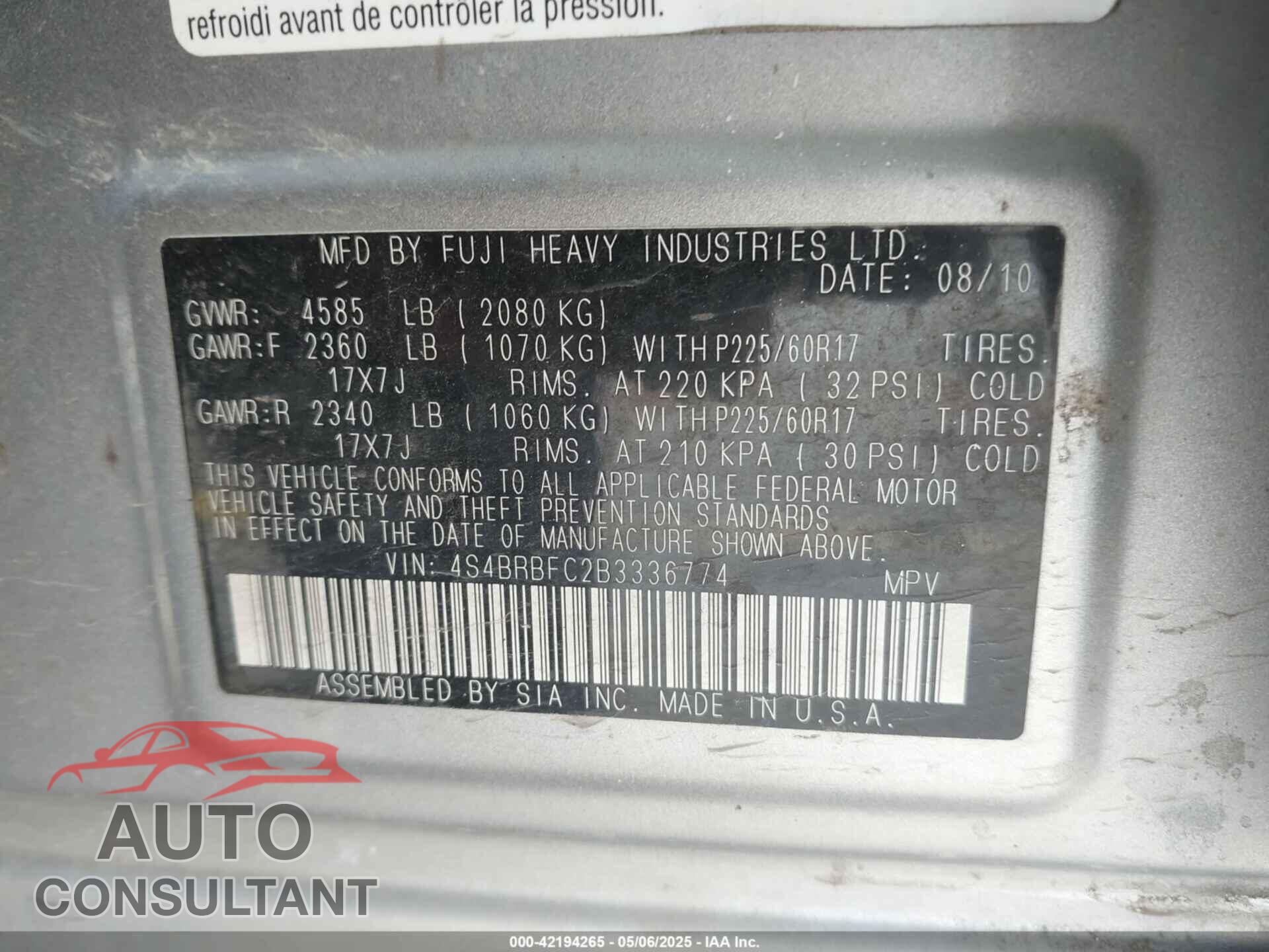 SUBARU OUTBACK 2011 - 4S4BRBFC2B3336774