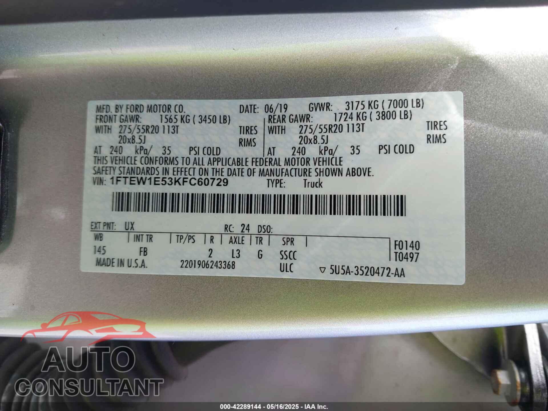 FORD F150 2019 - 1FTEW1E53KFC60729