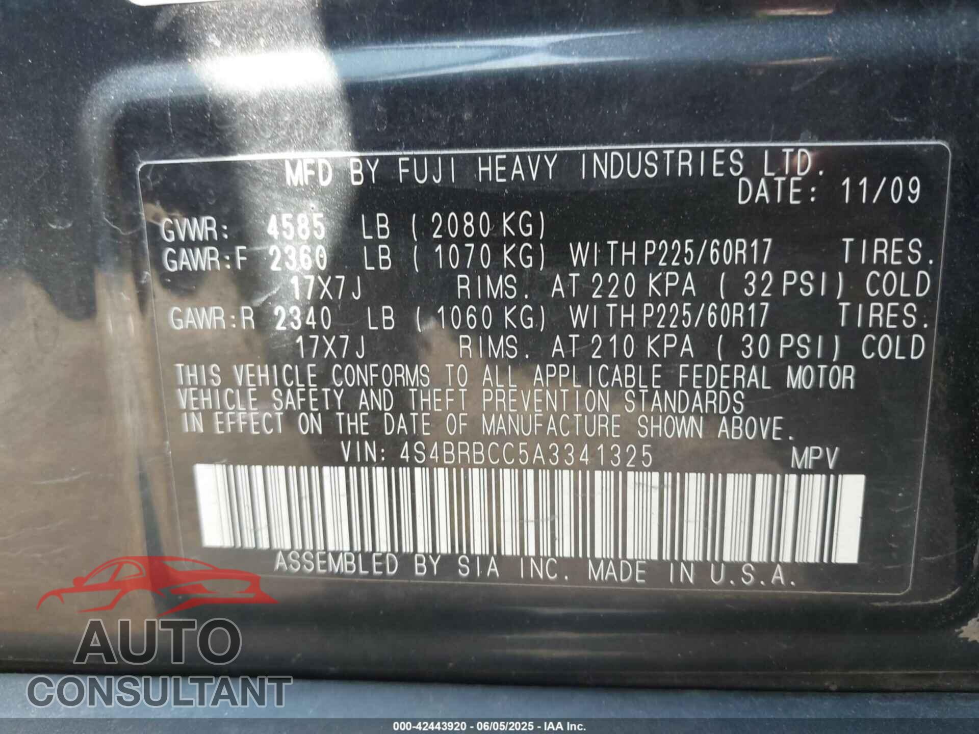 SUBARU OUTBACK 2010 - 4S4BRBCC5A3341325