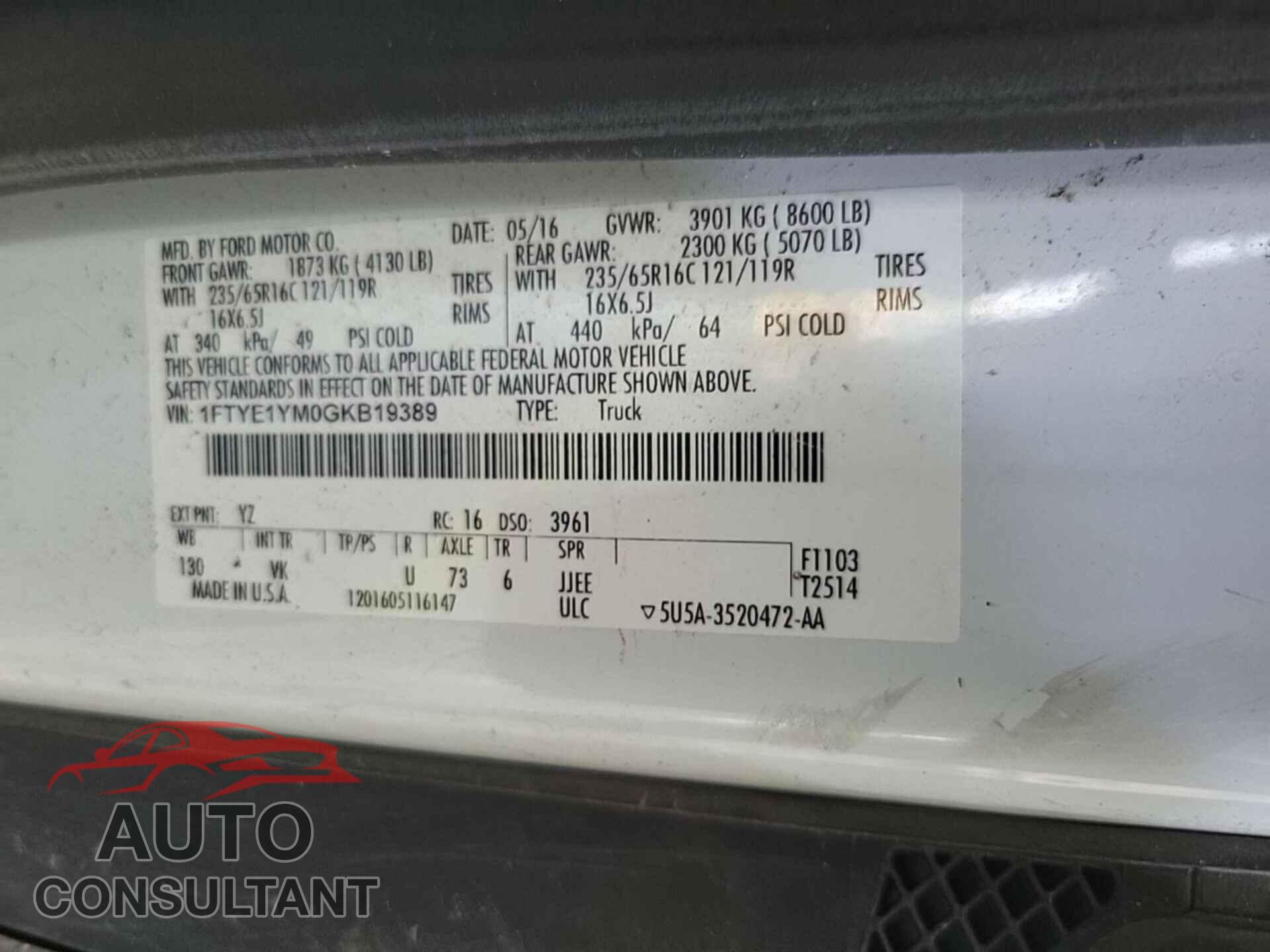 FORD TRANSIT 2016 - 1FTYE1YM0GKB19389
