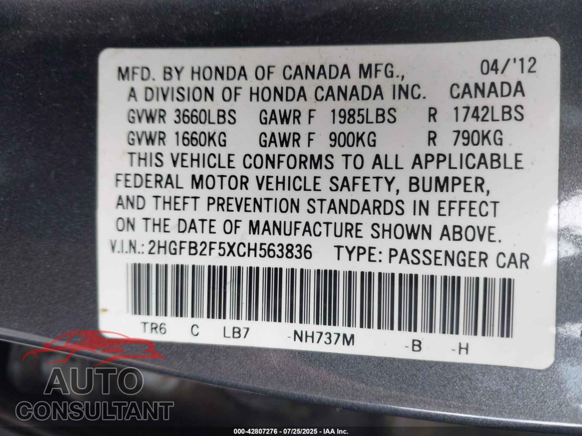 HONDA CIVIC 2012 - 2HGFB2F5XCH563836