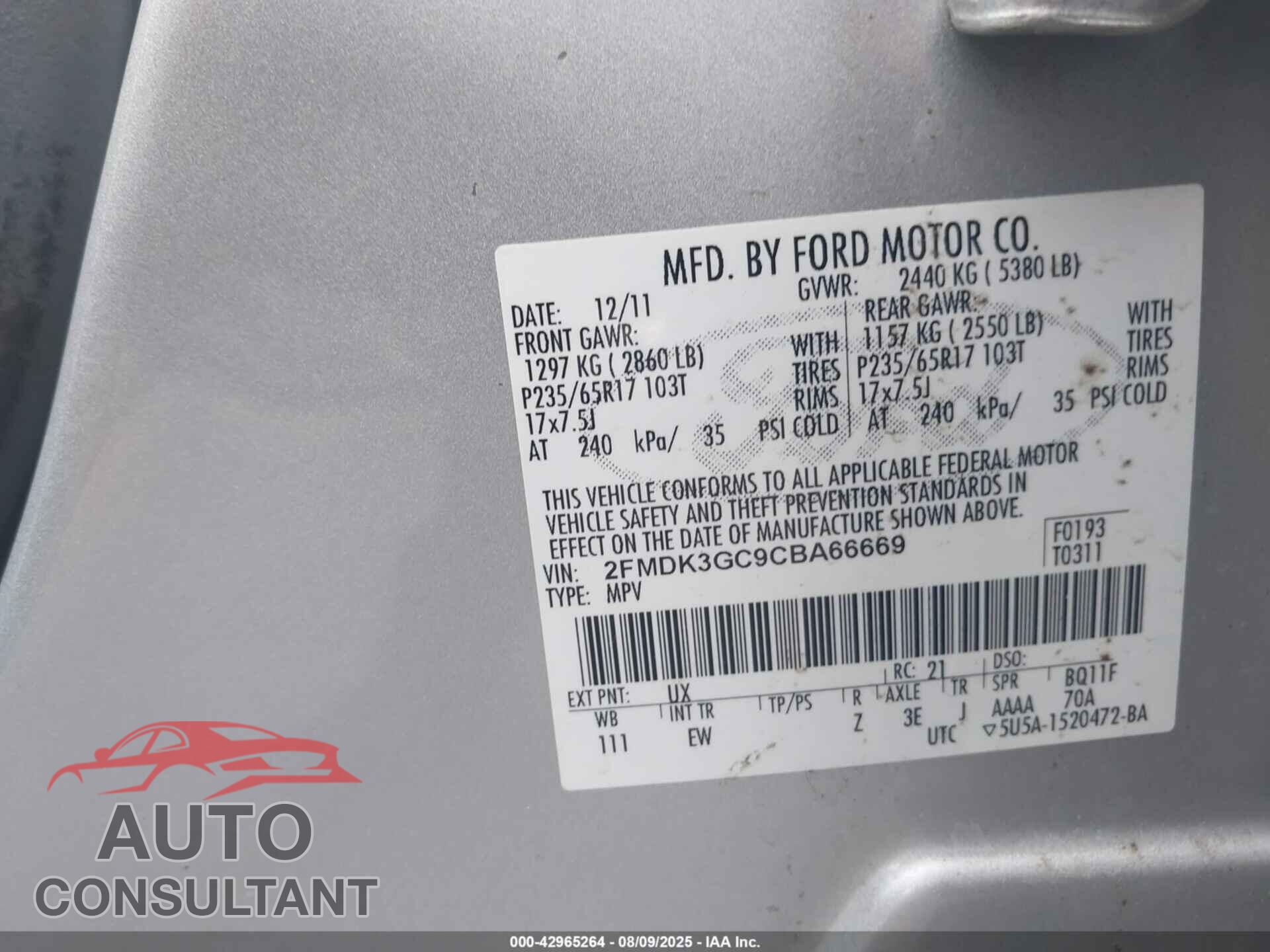 FORD EDGE 2012 - 2FMDK3GC9CBA66669
