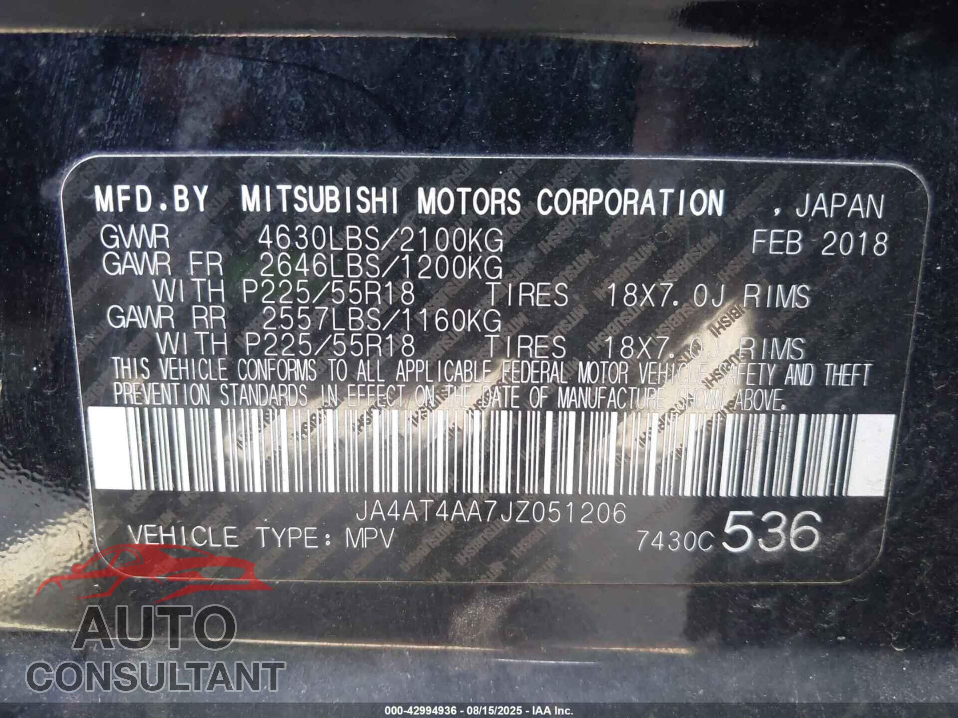 MITSUBISHI ECLIPSE CROSS 2018 - JA4AT4AA7JZ051206