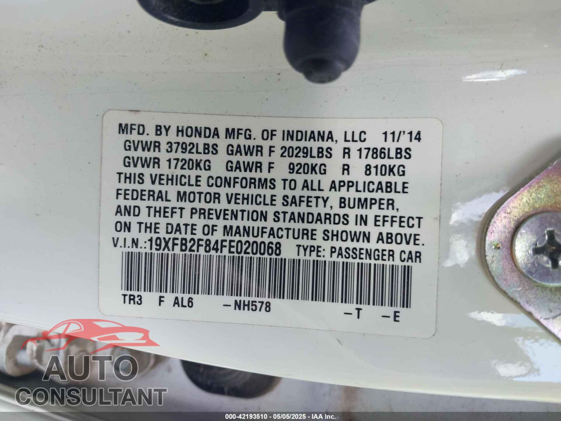 HONDA CIVIC 2015 - 19XFB2F84FE020068