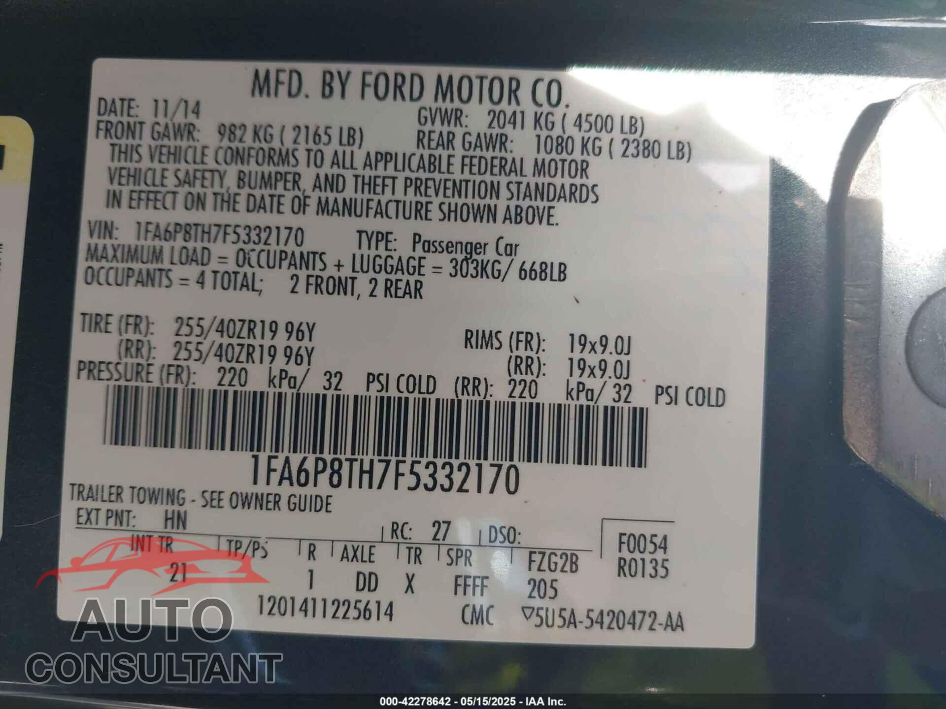FORD MUSTANG 2015 - 1FA6P8TH7F5332170