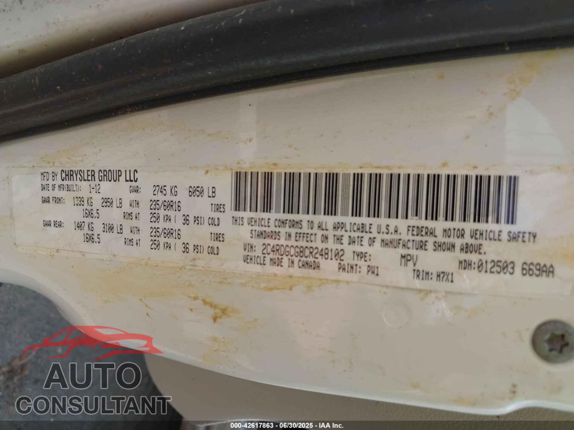 DODGE GRAND CARAVAN 2012 - 2C4RDGCG8CR248102