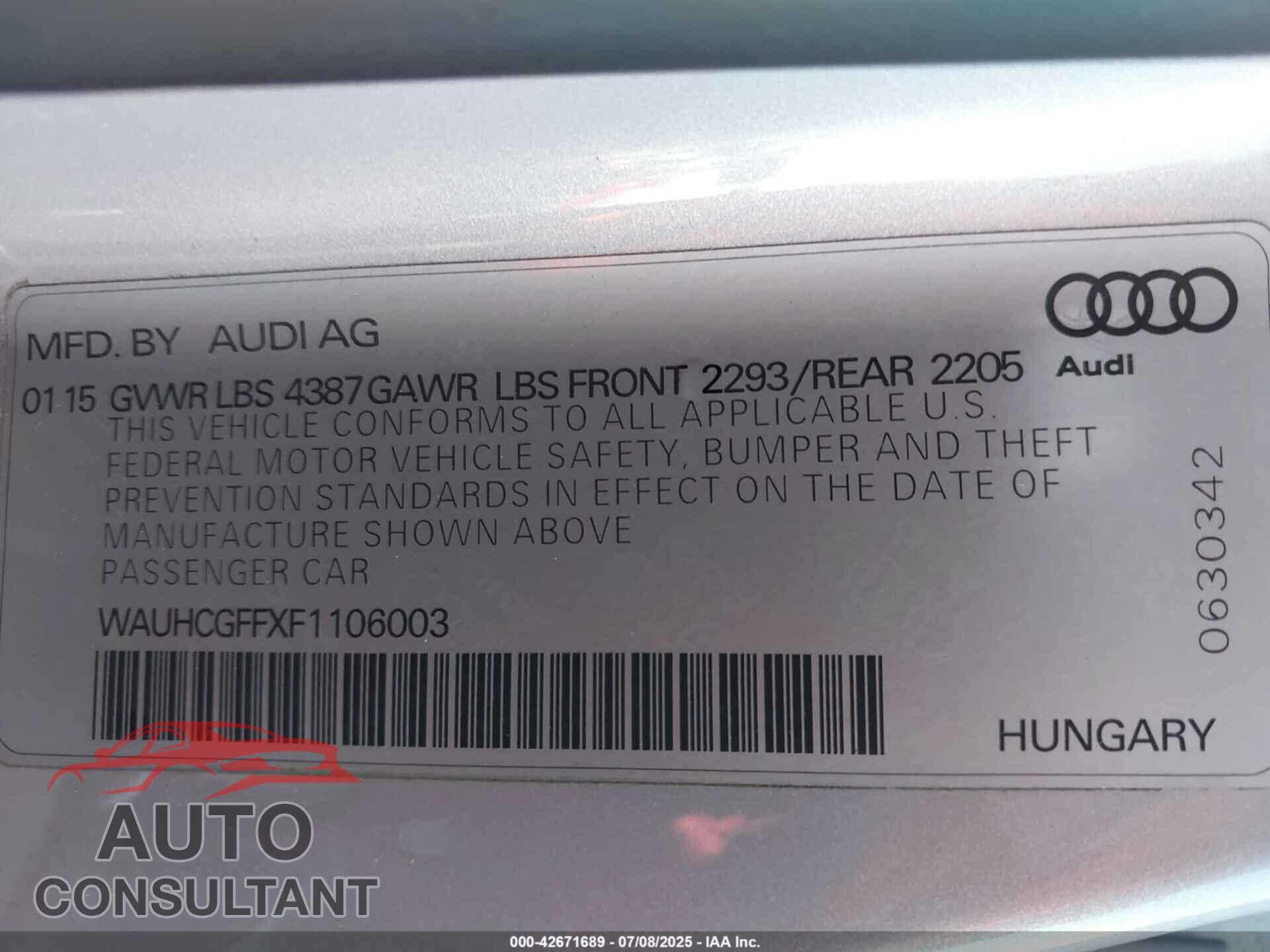AUDI A3 2015 - WAUHCGFFXF1106003
