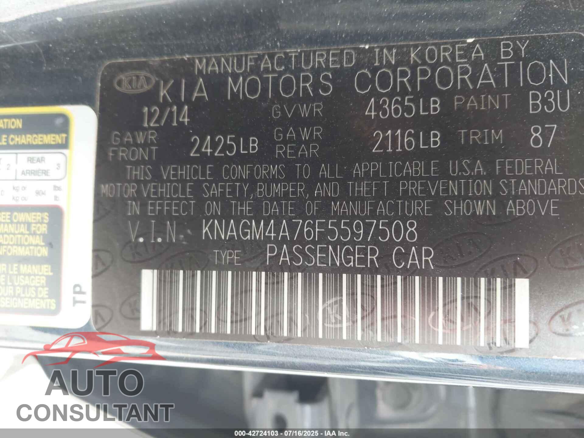 KIA OPTIMA 2015 - KNAGM4A76F5597508