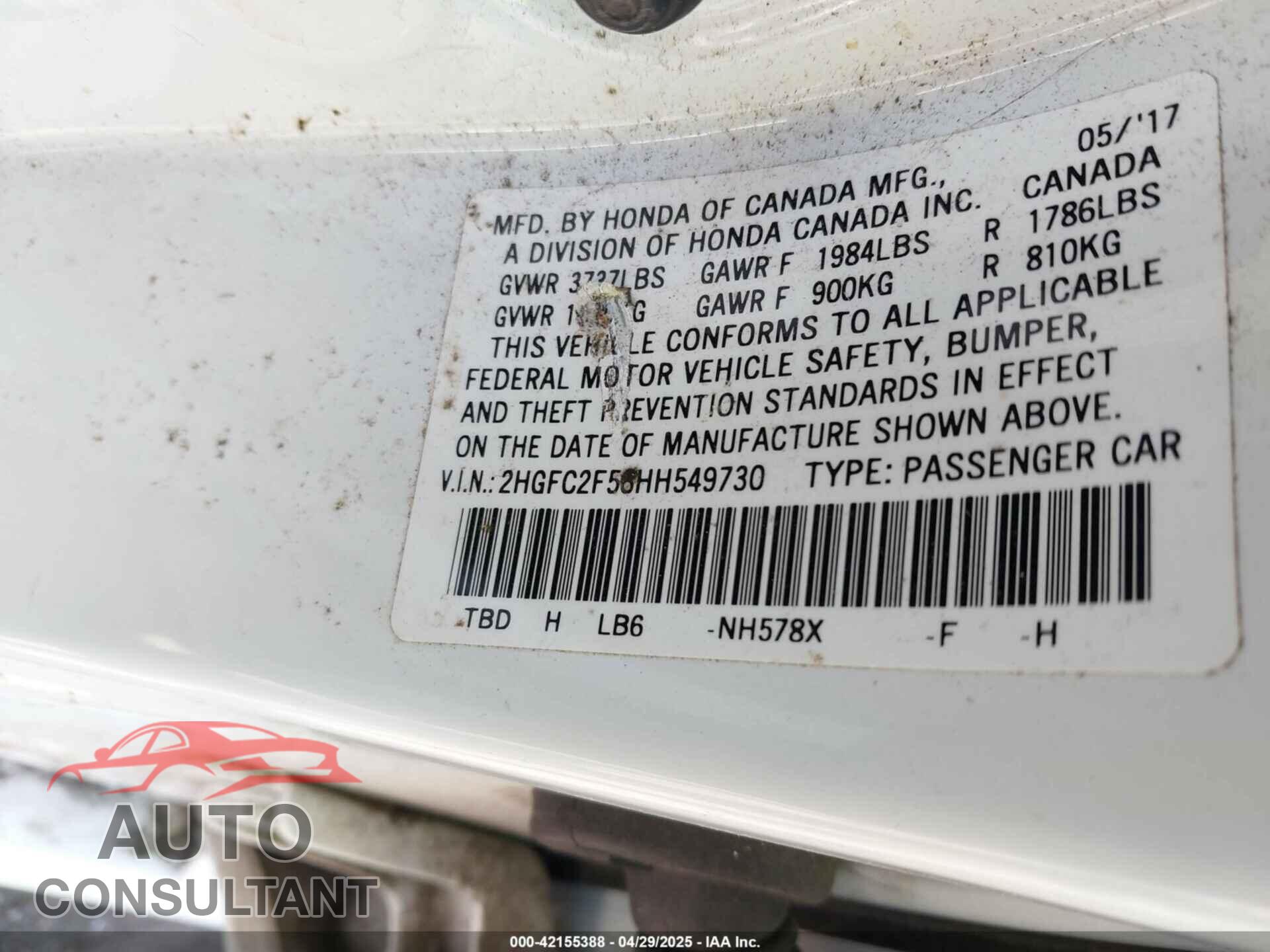 HONDA CIVIC 2017 - 2HGFC2F56HH549730
