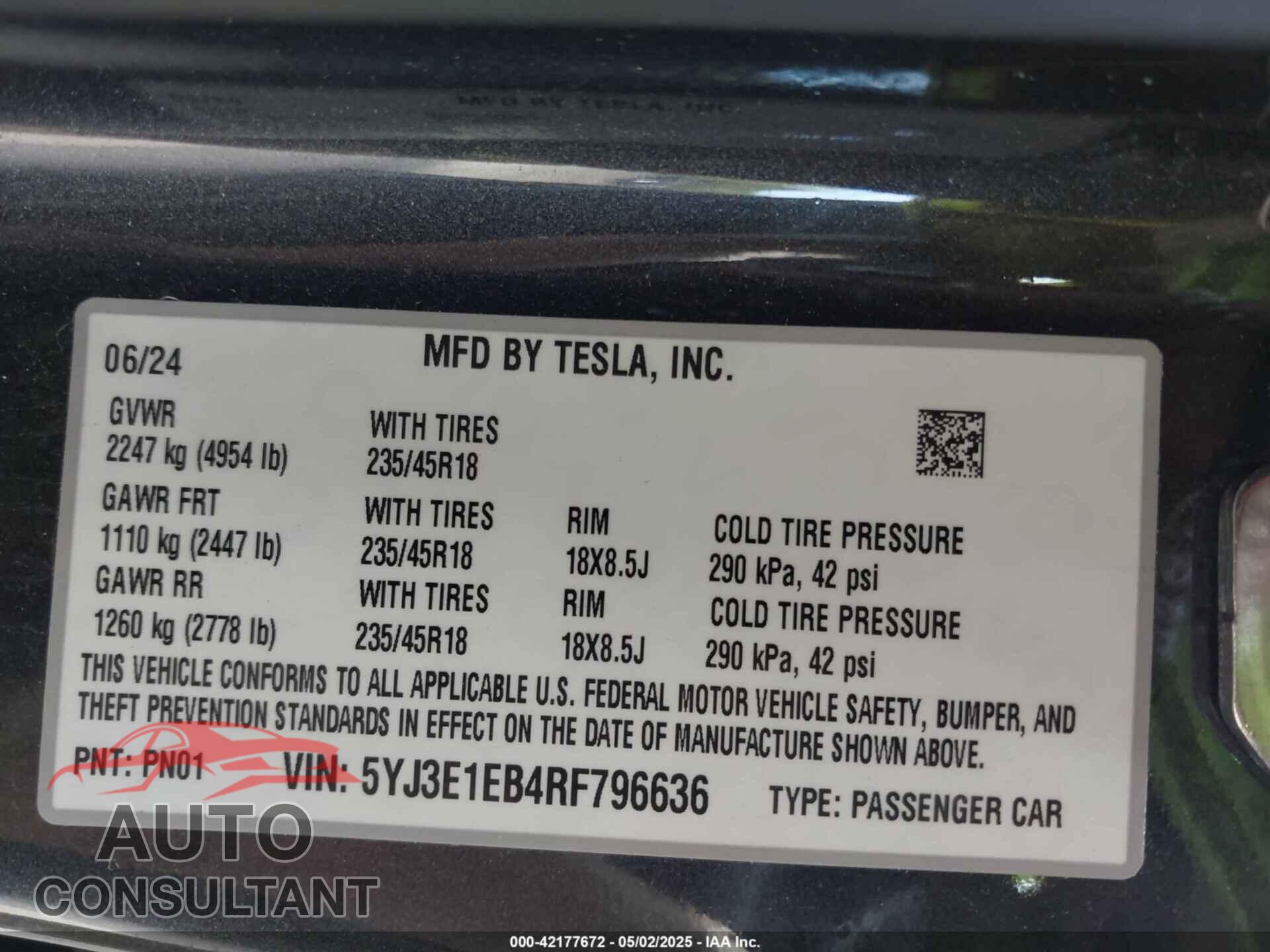TESLA MODEL 3 2024 - 5YJ3E1EB4RF796636