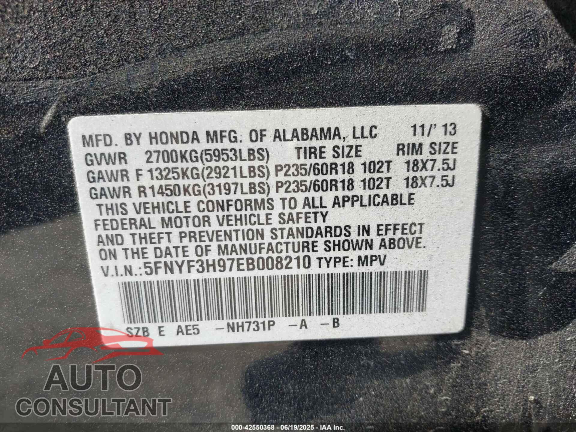 HONDA PILOT 2014 - 5FNYF3H97EB008210