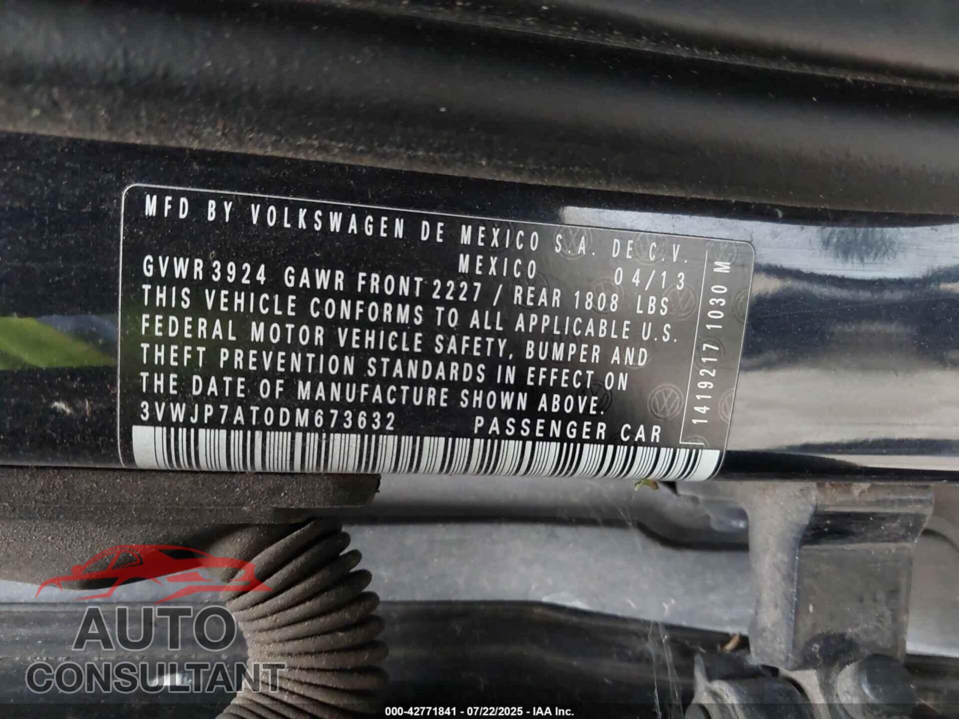 VOLKSWAGEN BEETLE 2013 - 3VWJP7AT0DM673632