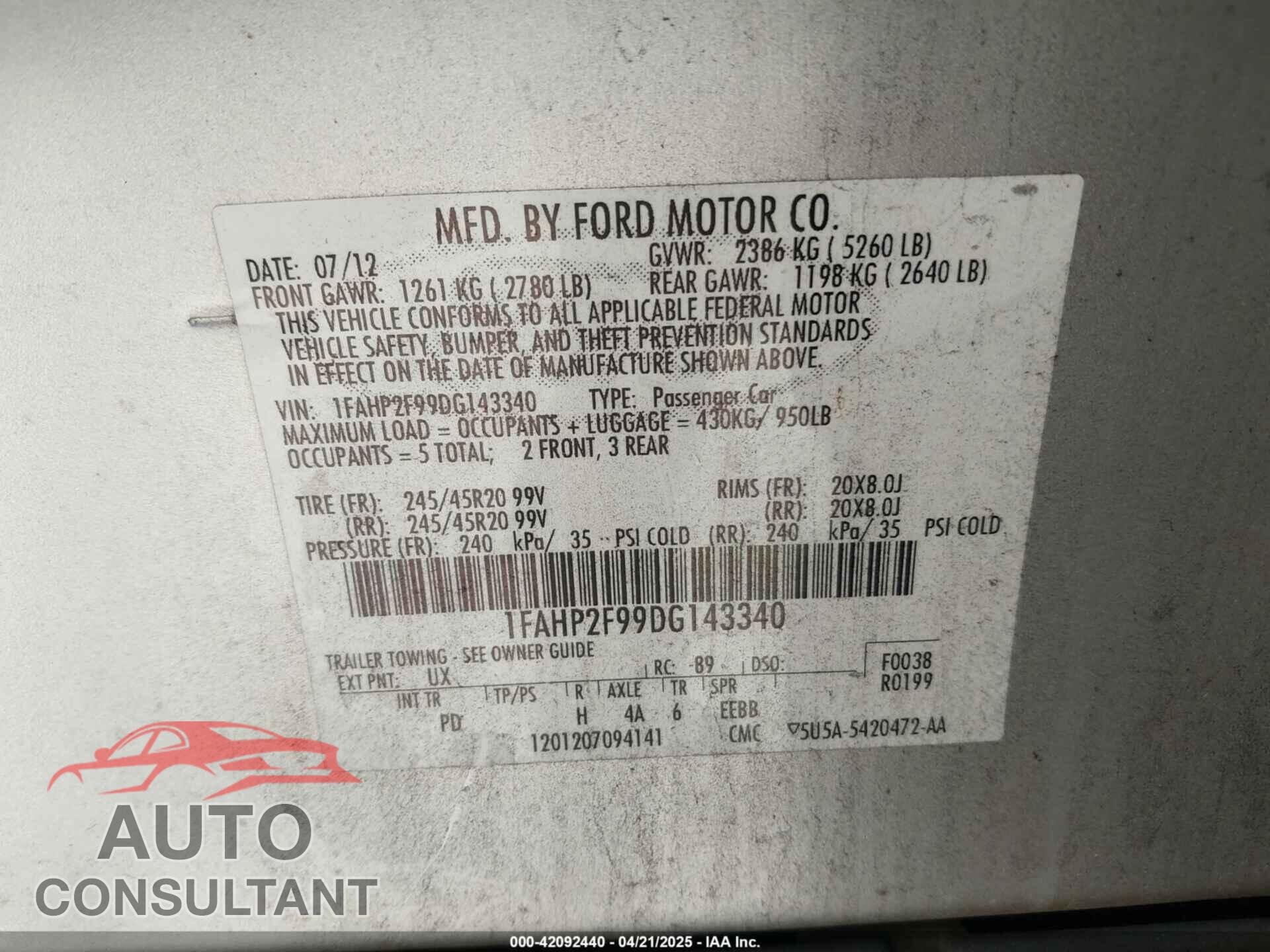 FORD TAURUS 2013 - 1FAHP2F99DG143340