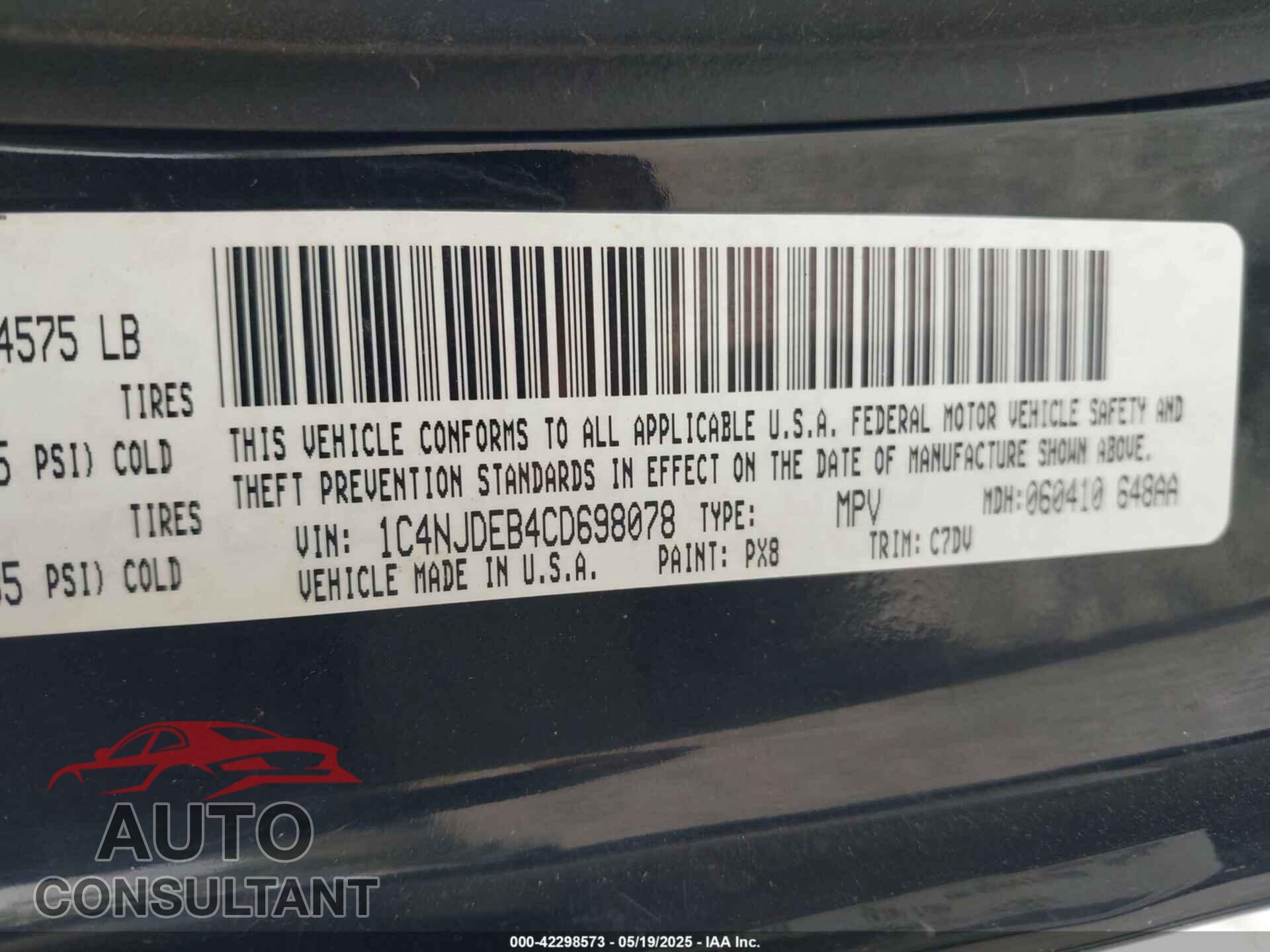 JEEP COMPASS 2012 - 1C4NJDEB4CD698078