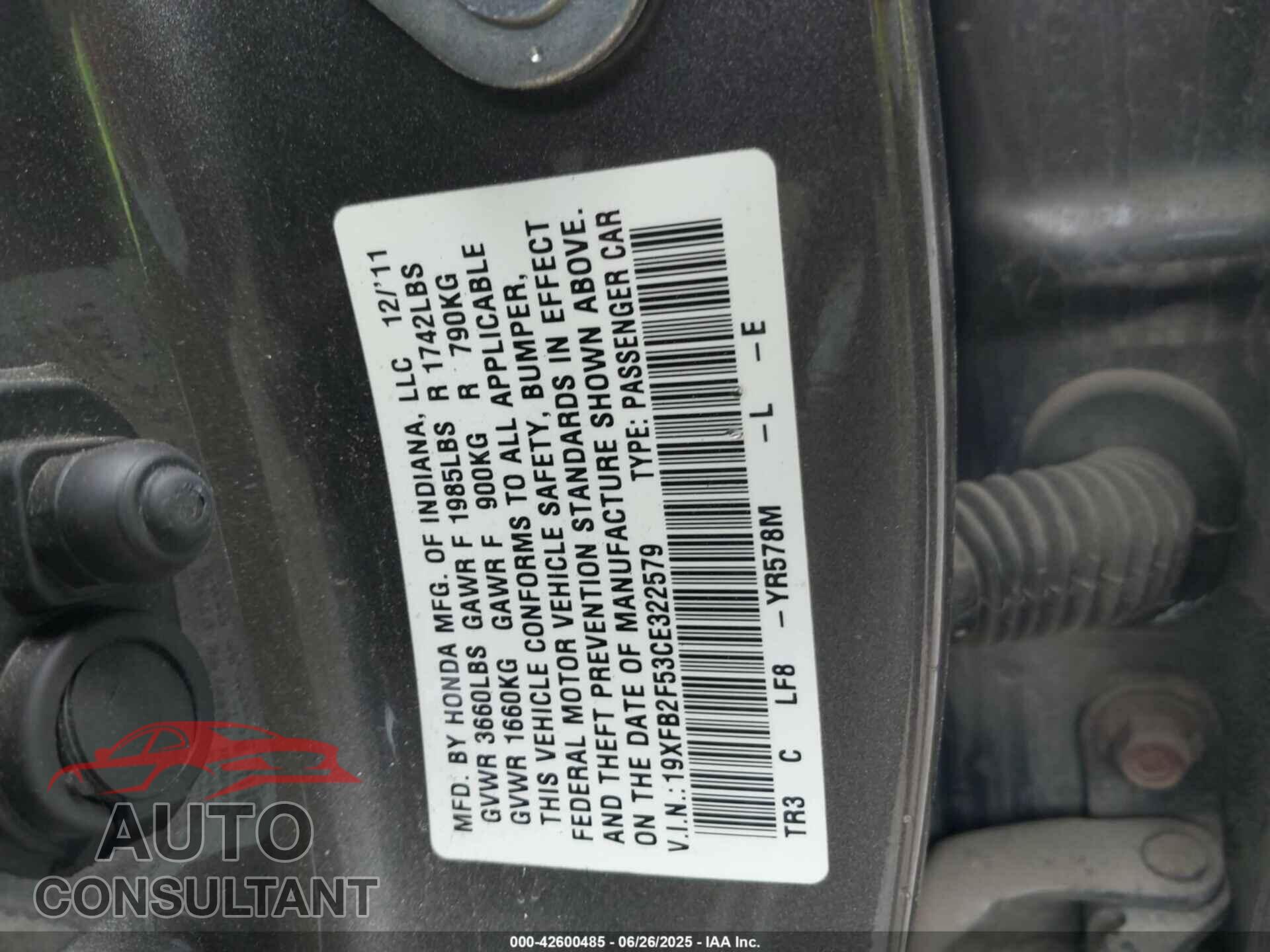 HONDA CIVIC 2012 - 19XFB2F53CE322579
